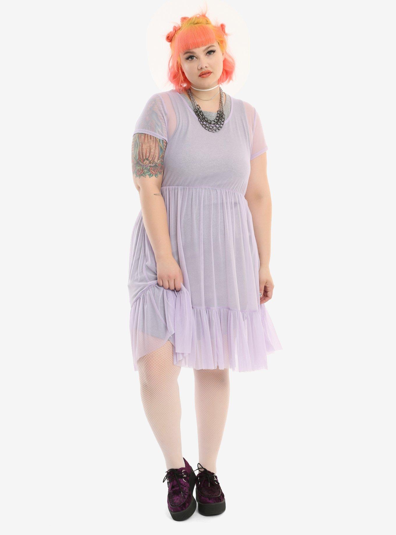 Lavender Mesh Babydoll Dress Plus Size, , alternate