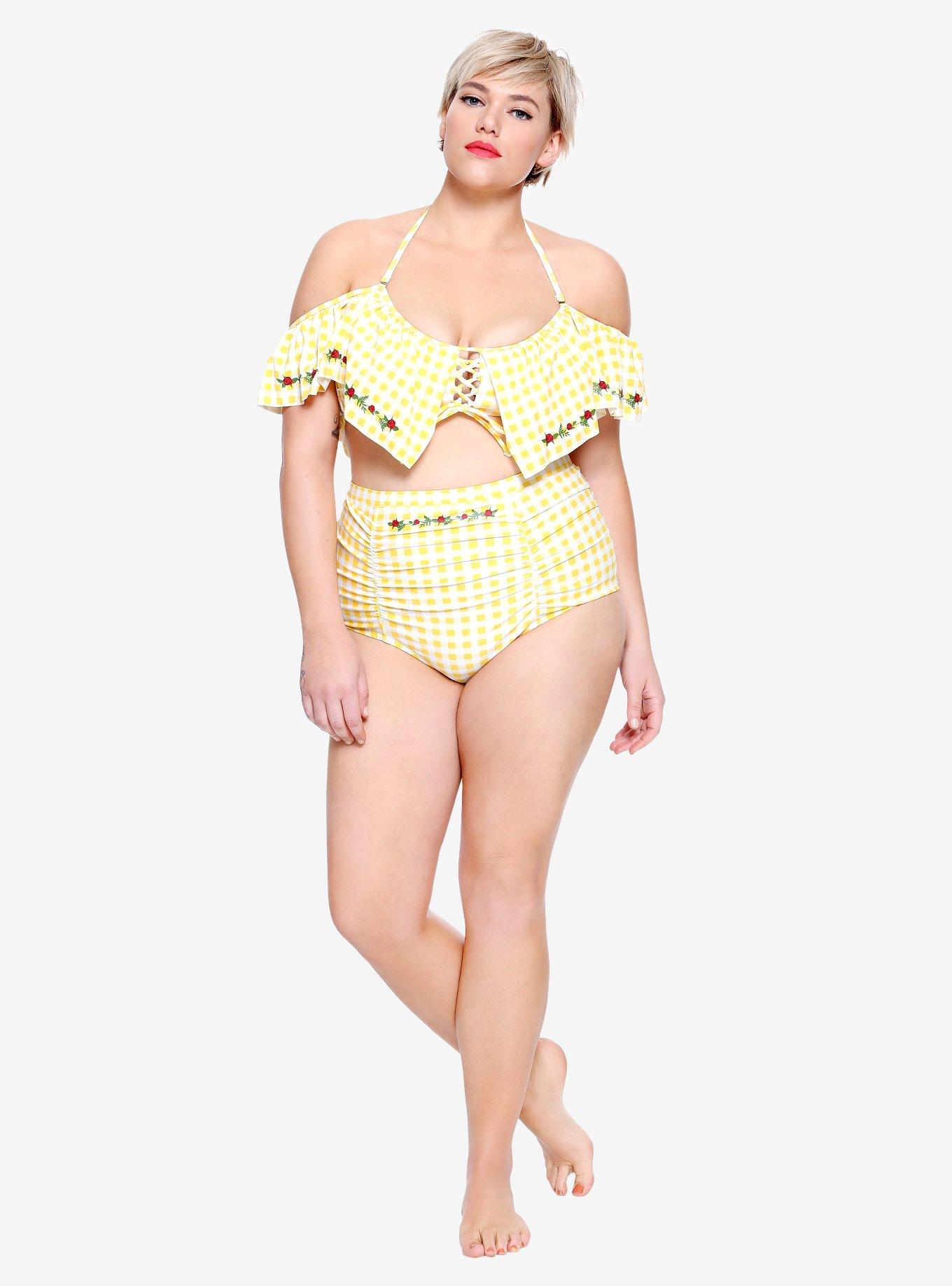 Disney Beauty And The Beast Belle Gingham Flounce Swim Top Plus Size, YELLOW, alternate