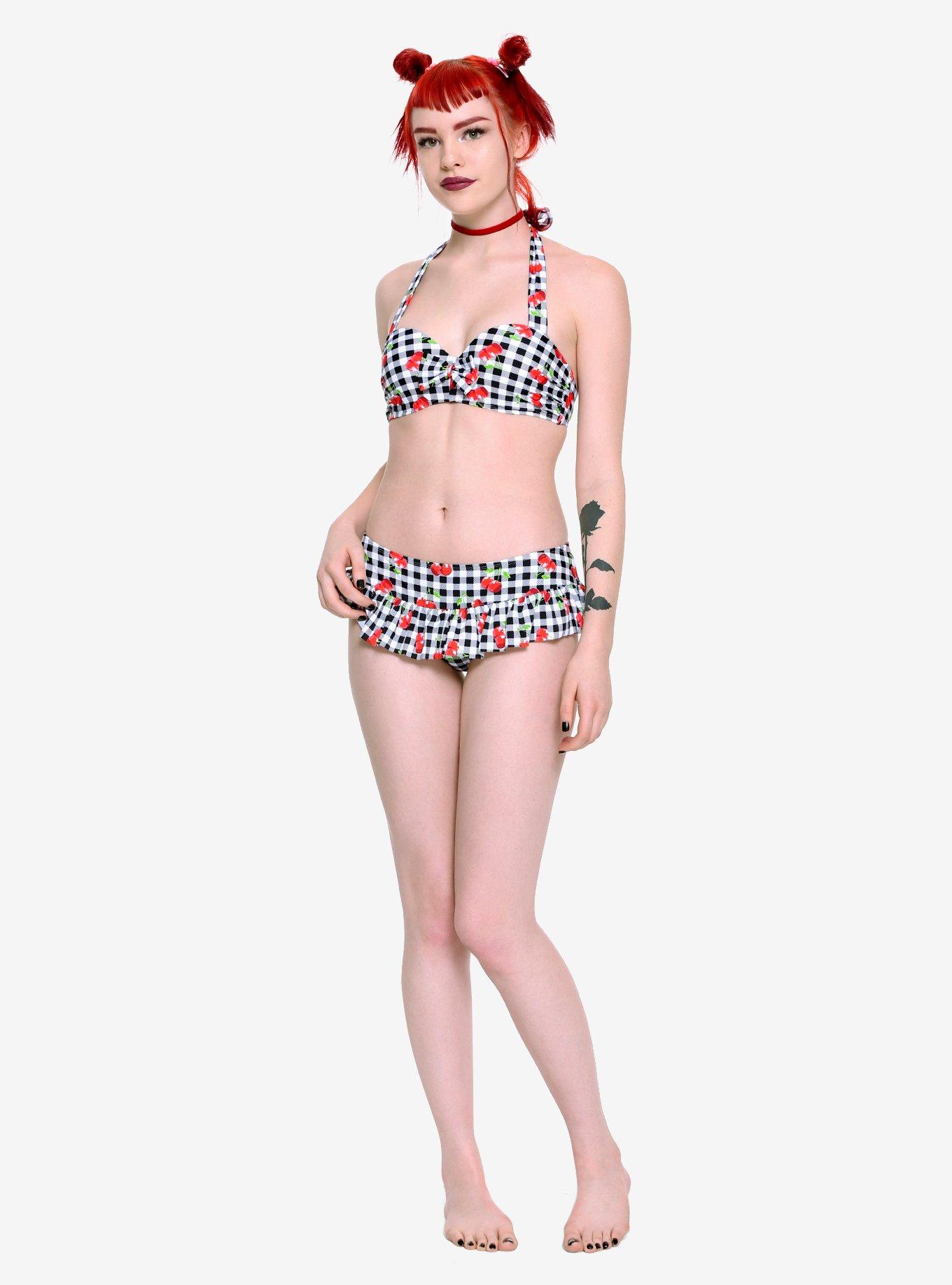 Black & White Gingham Cherry Swim Top, BLACK-WHITE, alternate