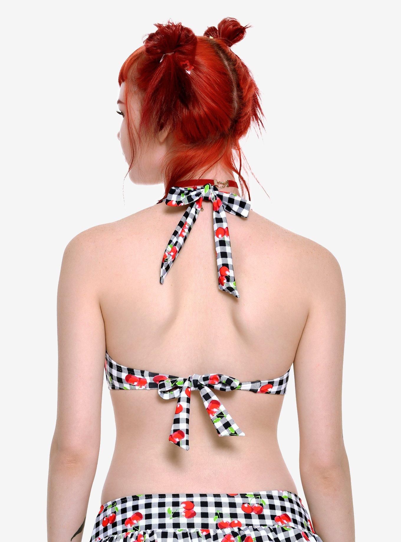 Black & White Gingham Cherry Swim Top, BLACK-WHITE, alternate