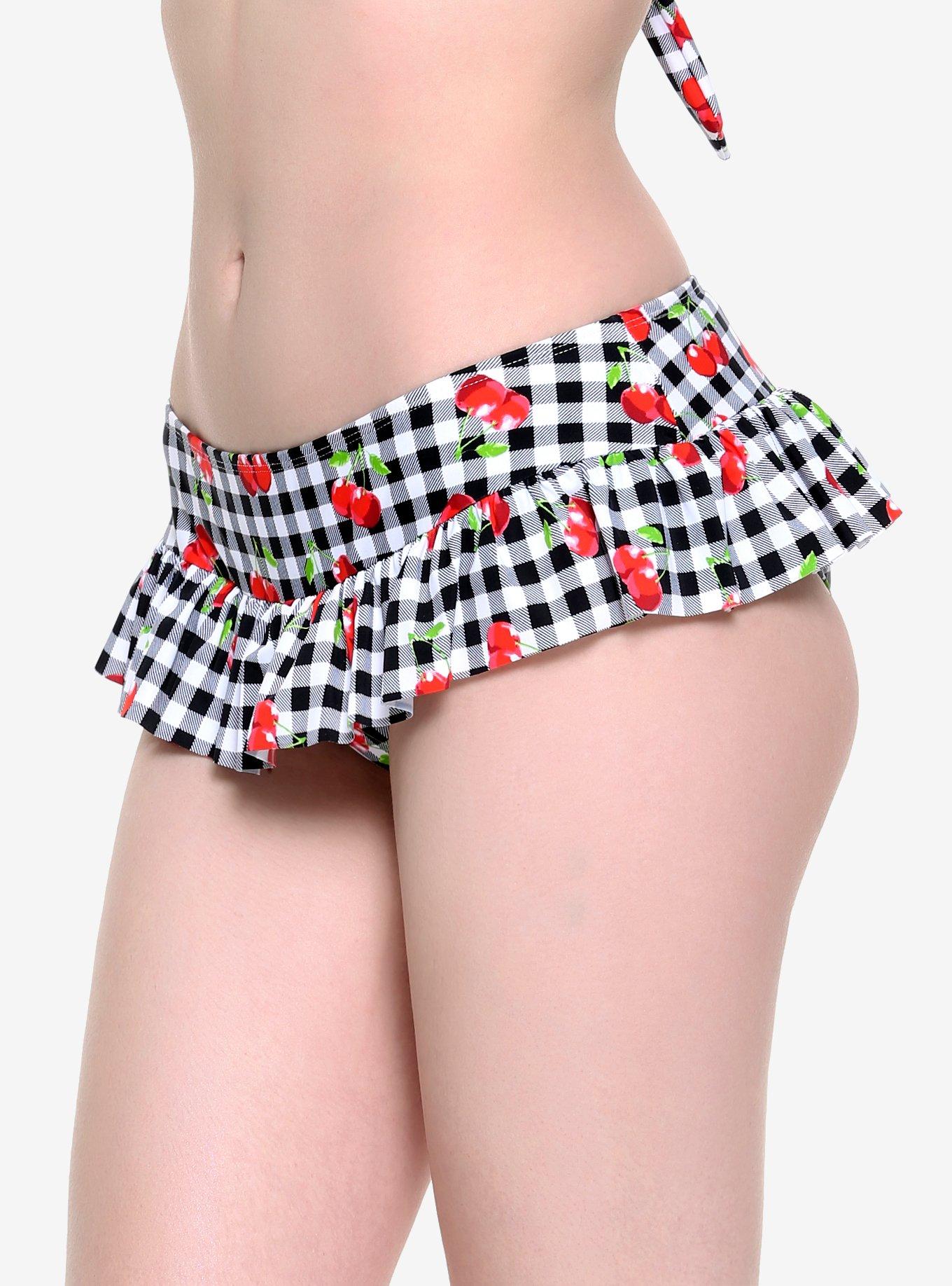 Black & White Gingham Cherry Ruffle Swim Bottoms, BLACK-WHITE, alternate