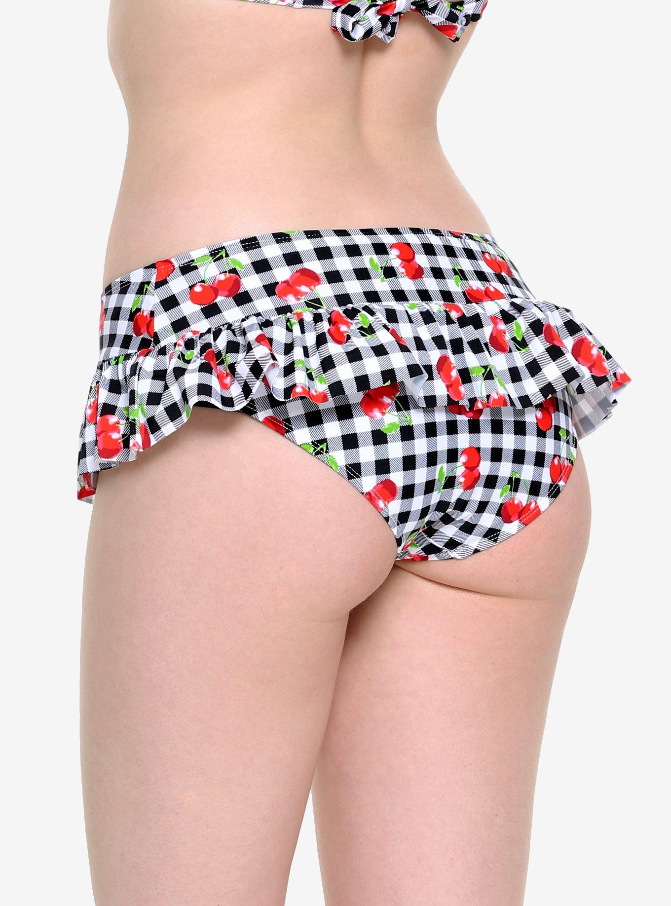 Black & White Gingham Cherry Ruffle Swim Bottoms, BLACK-WHITE, alternate