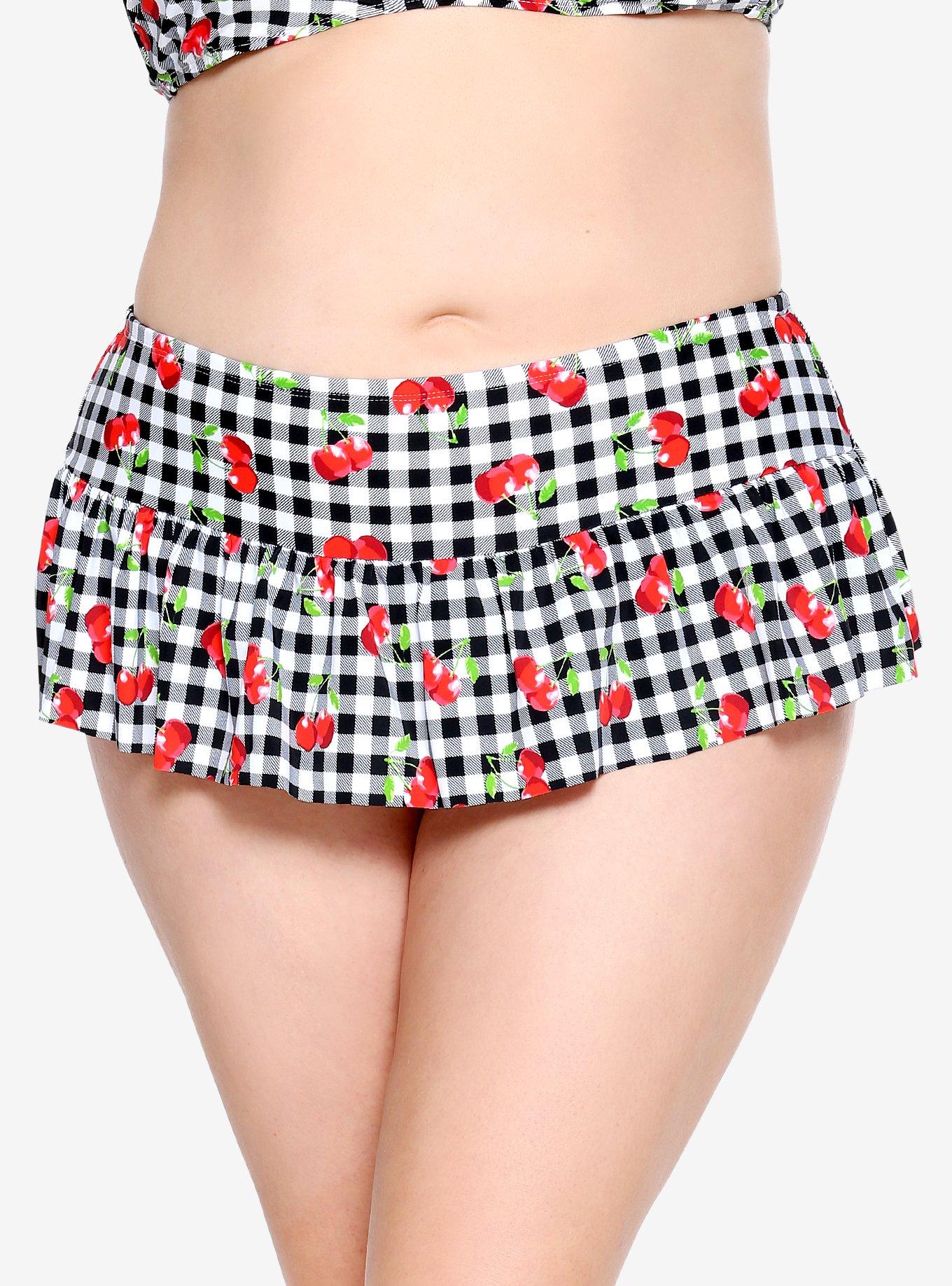 Black & White Gingham Cherry Ruffle Swim Bottoms Plus Size, , alternate