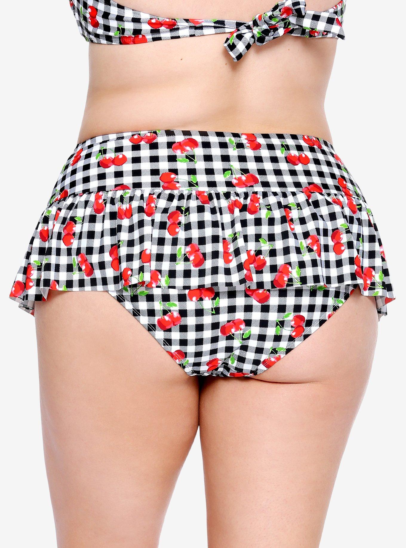 Black & White Gingham Cherry Ruffle Swim Bottoms Plus Size, , alternate