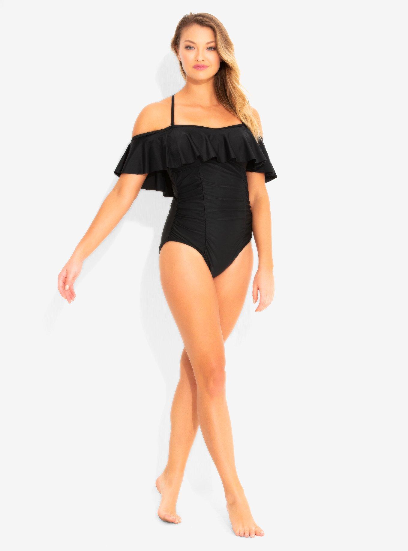 Black Off-The-Shoulder Ruffle Swimsuit, BLACK, alternate