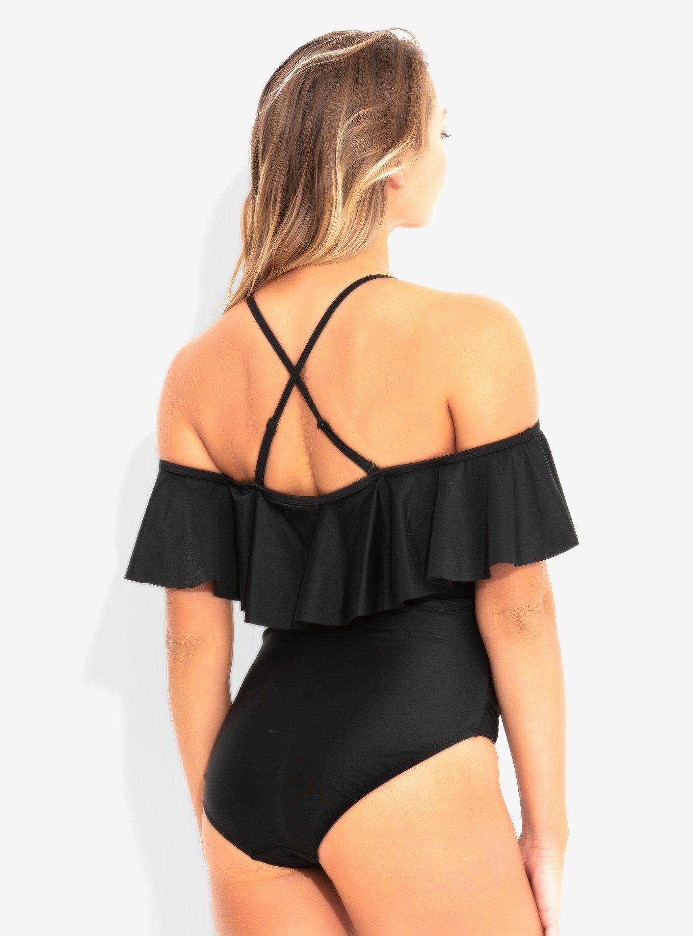 Black Off-The-Shoulder Ruffle Swimsuit, BLACK, alternate