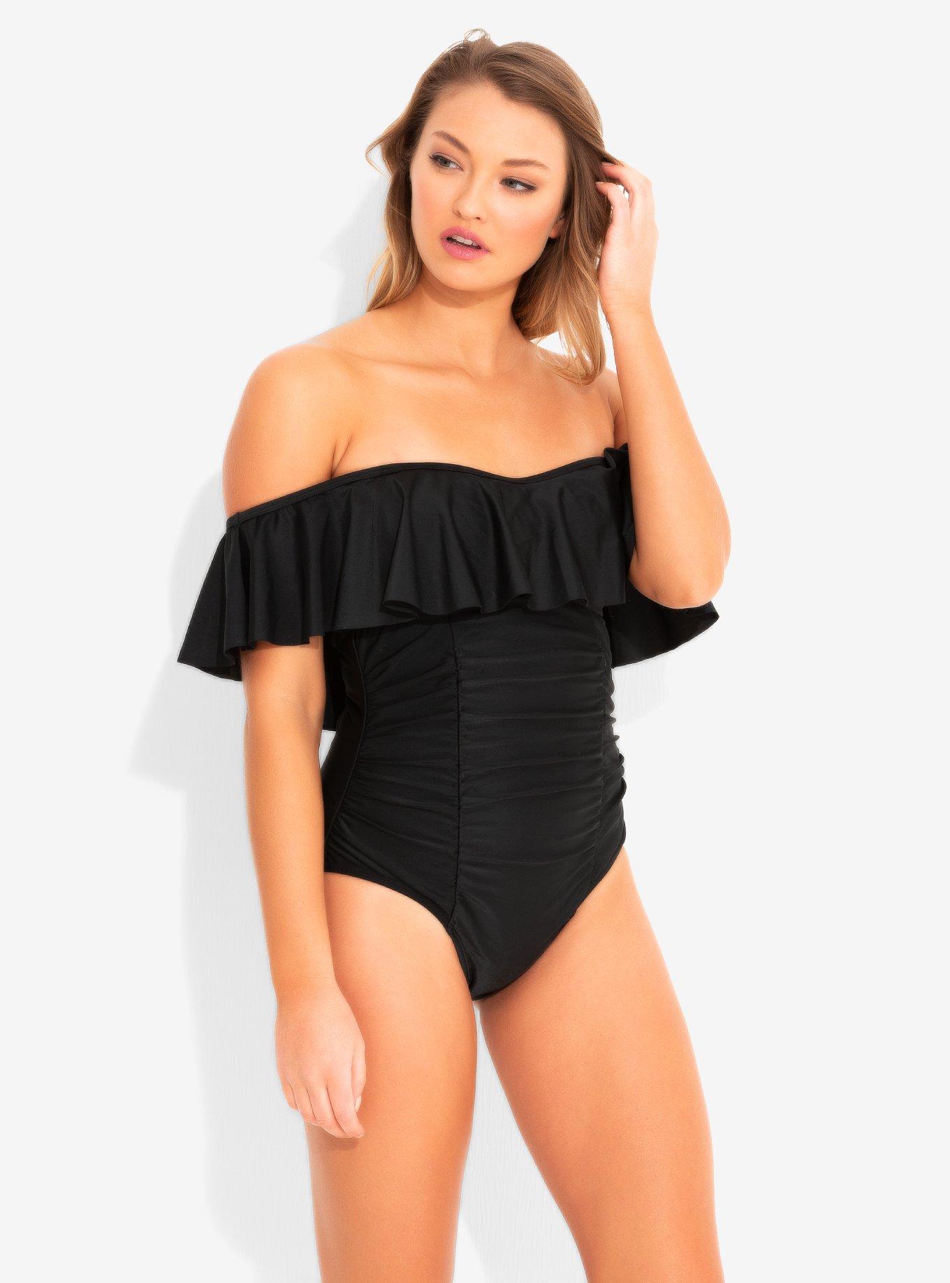 Black Off-The-Shoulder Ruffle Swimsuit, BLACK, alternate