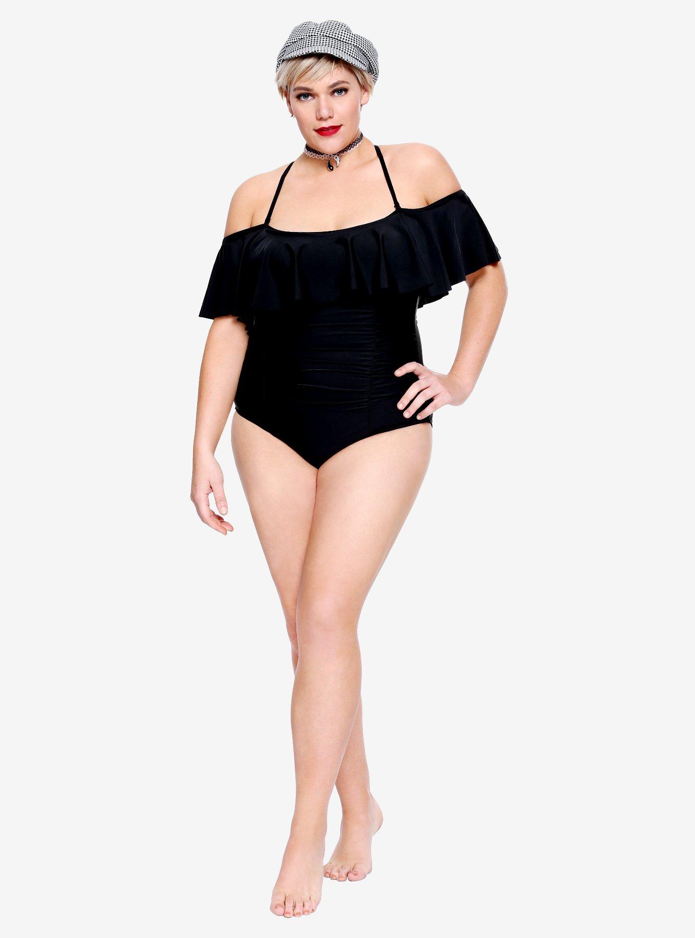 Black Off-The-Shoulder Ruffle Swimsuit Plus Size, , alternate