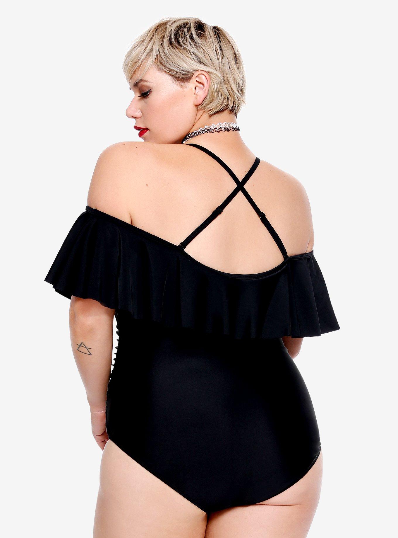 Black Off-The-Shoulder Ruffle Swimsuit Plus Size, , alternate