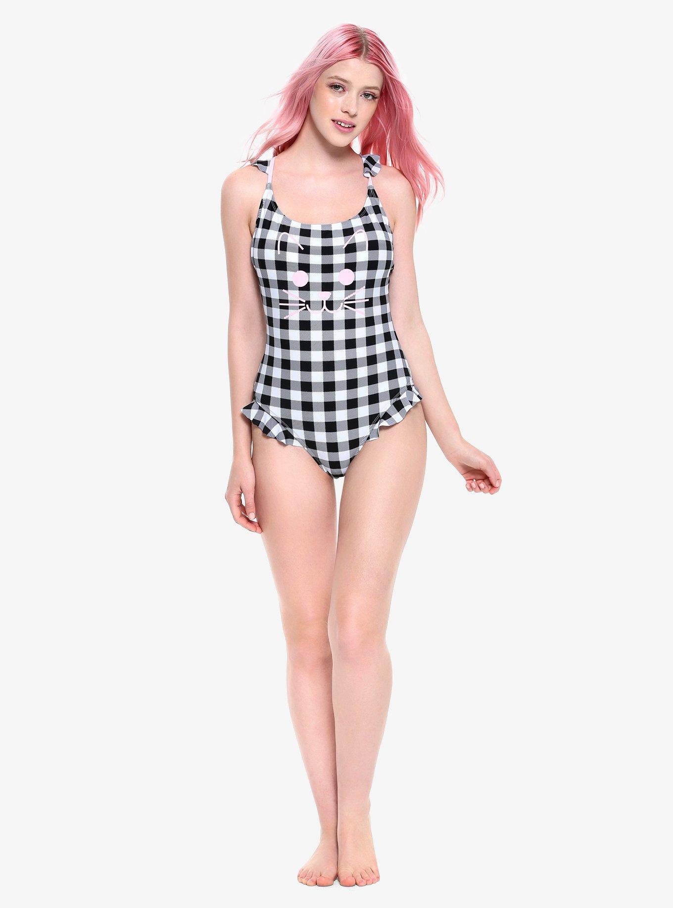 Black & White Checkered Ruffle Cat Swimsuit, MULTI, alternate