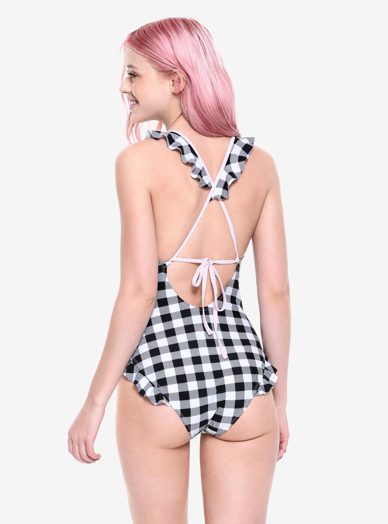 Black & White Checkered Ruffle Cat Swimsuit, MULTI, alternate