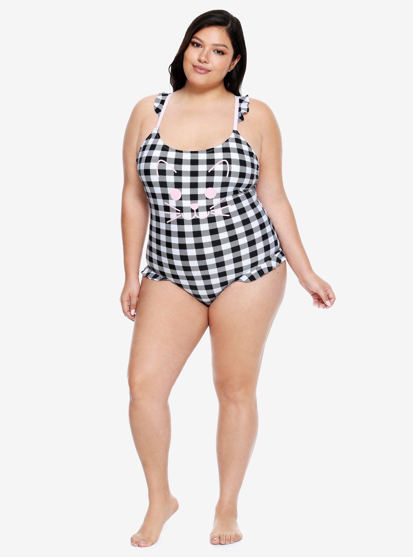 Black & White Checkered Ruffle Cat Swimsuit Plus Size, , alternate