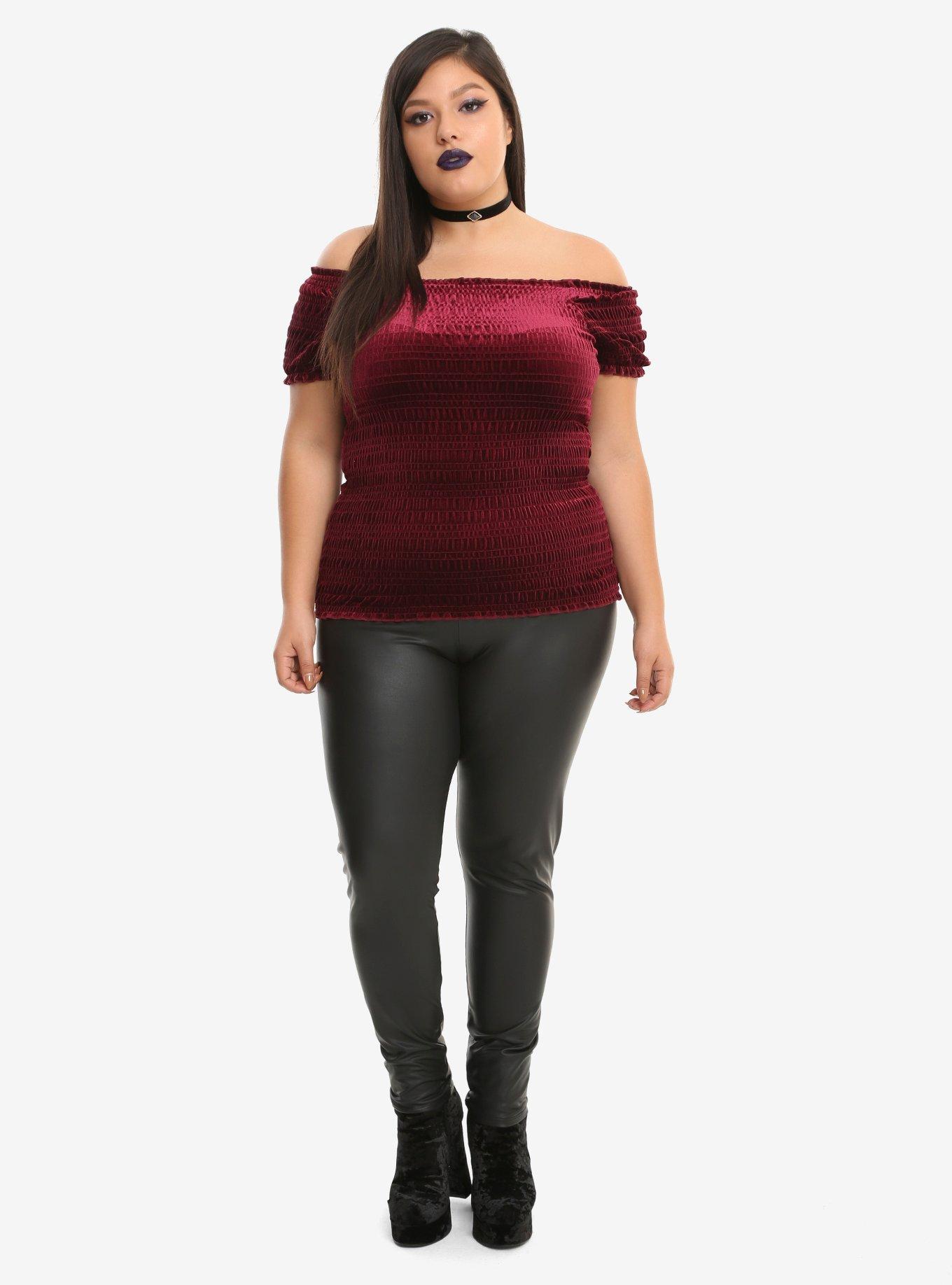 Burgundy Smocked Off-Shoulder Velvet Girls Top Plus Size, , alternate