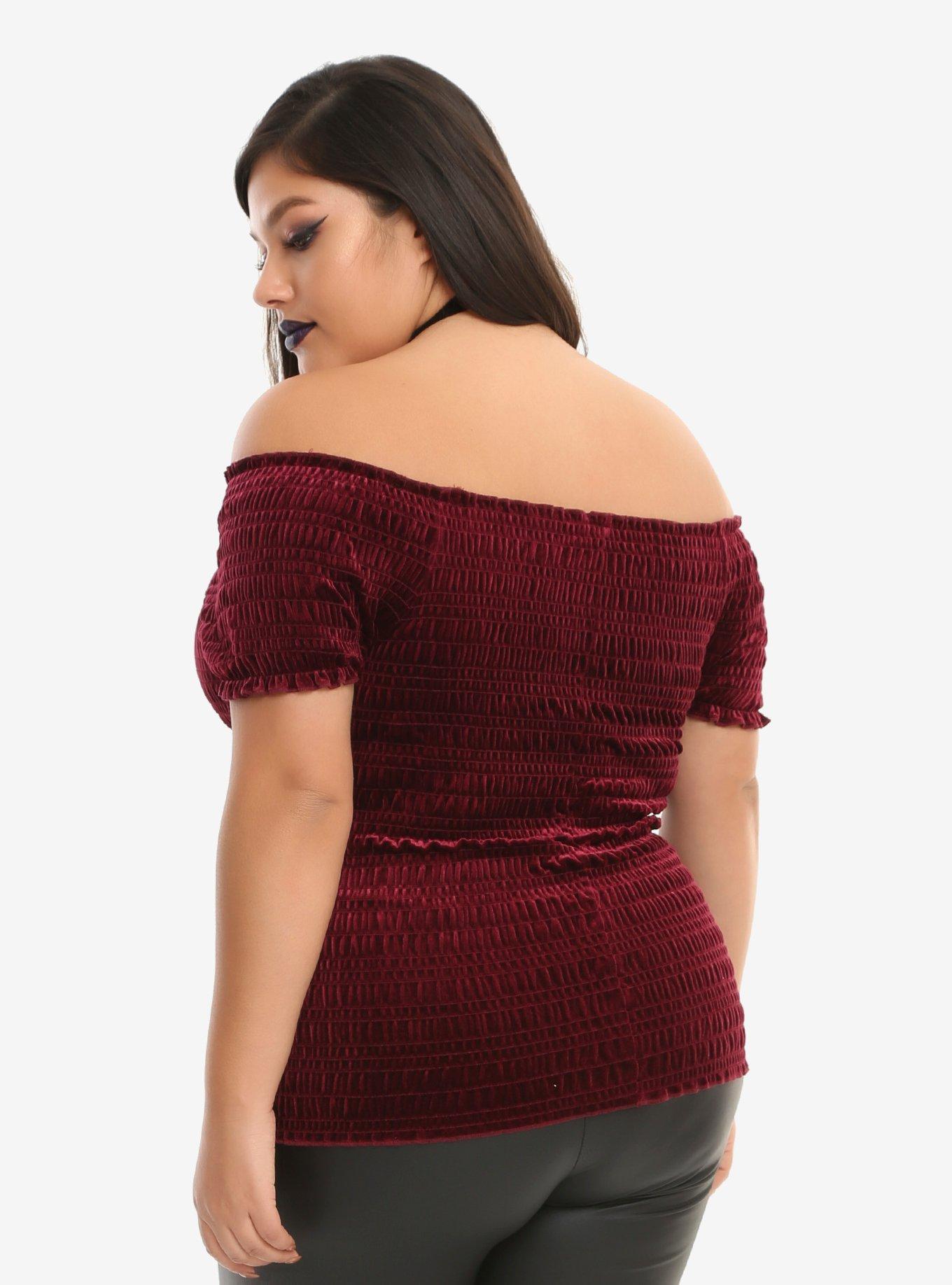 Burgundy Smocked Off-Shoulder Velvet Girls Top Plus Size, , alternate