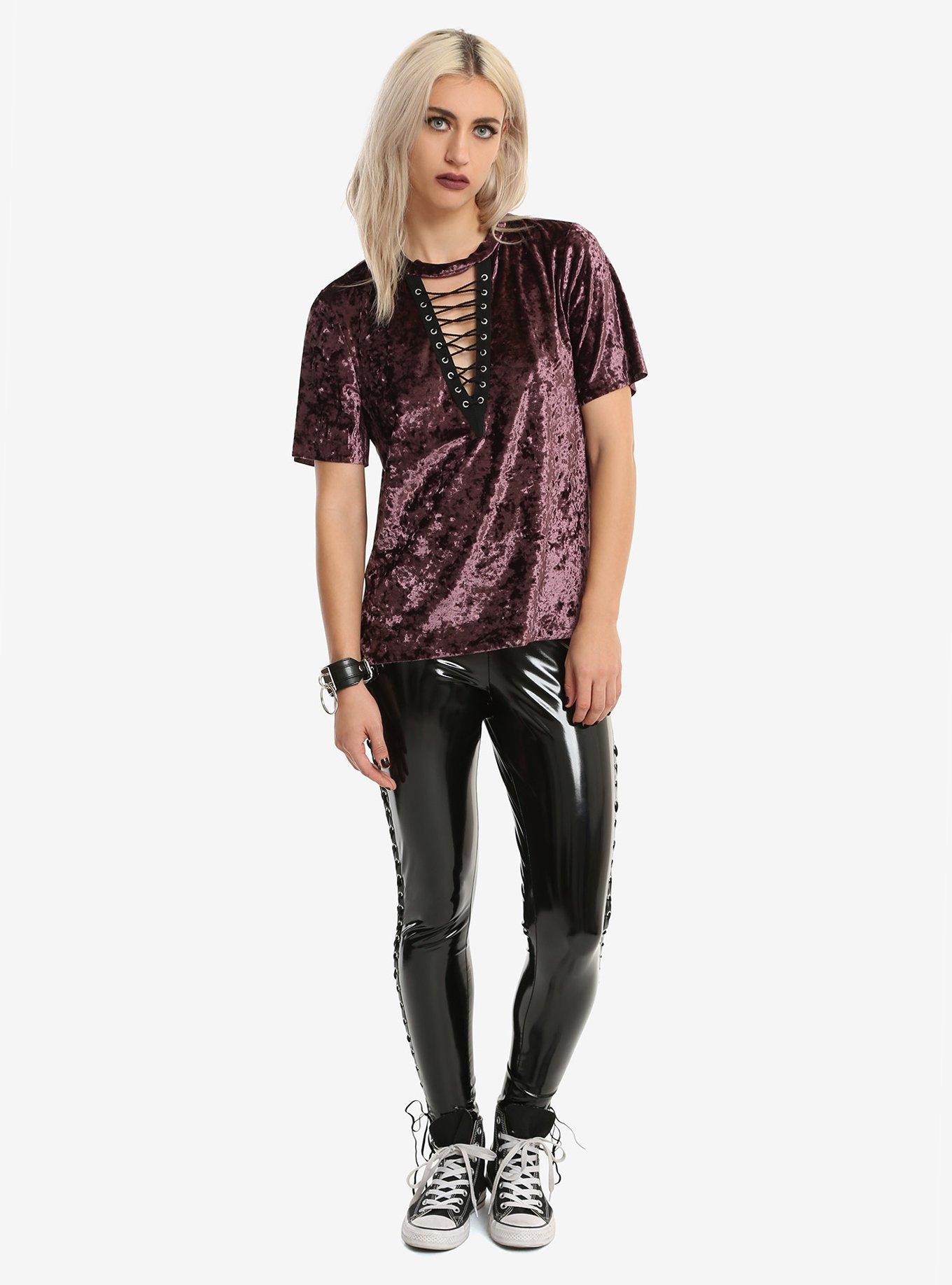 Purple Velvet Lace-Up Girls Top, , alternate