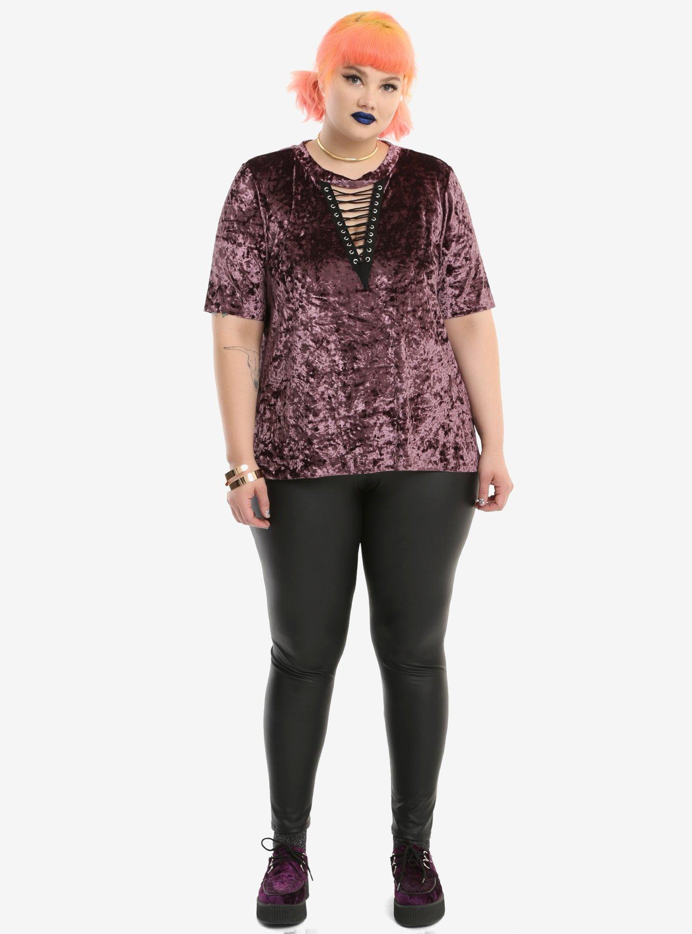 Purple Velvet Lace-Up Girls Top Plus Size, , alternate