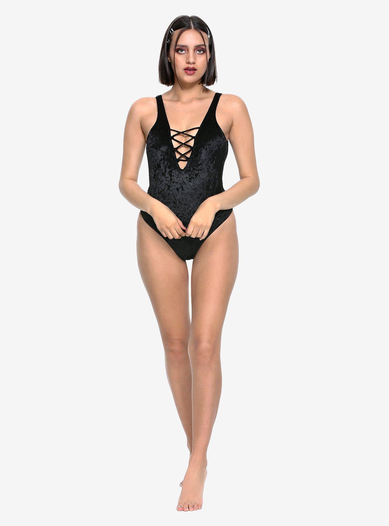 Black Velvet Lace-Up Swimsuit, , alternate