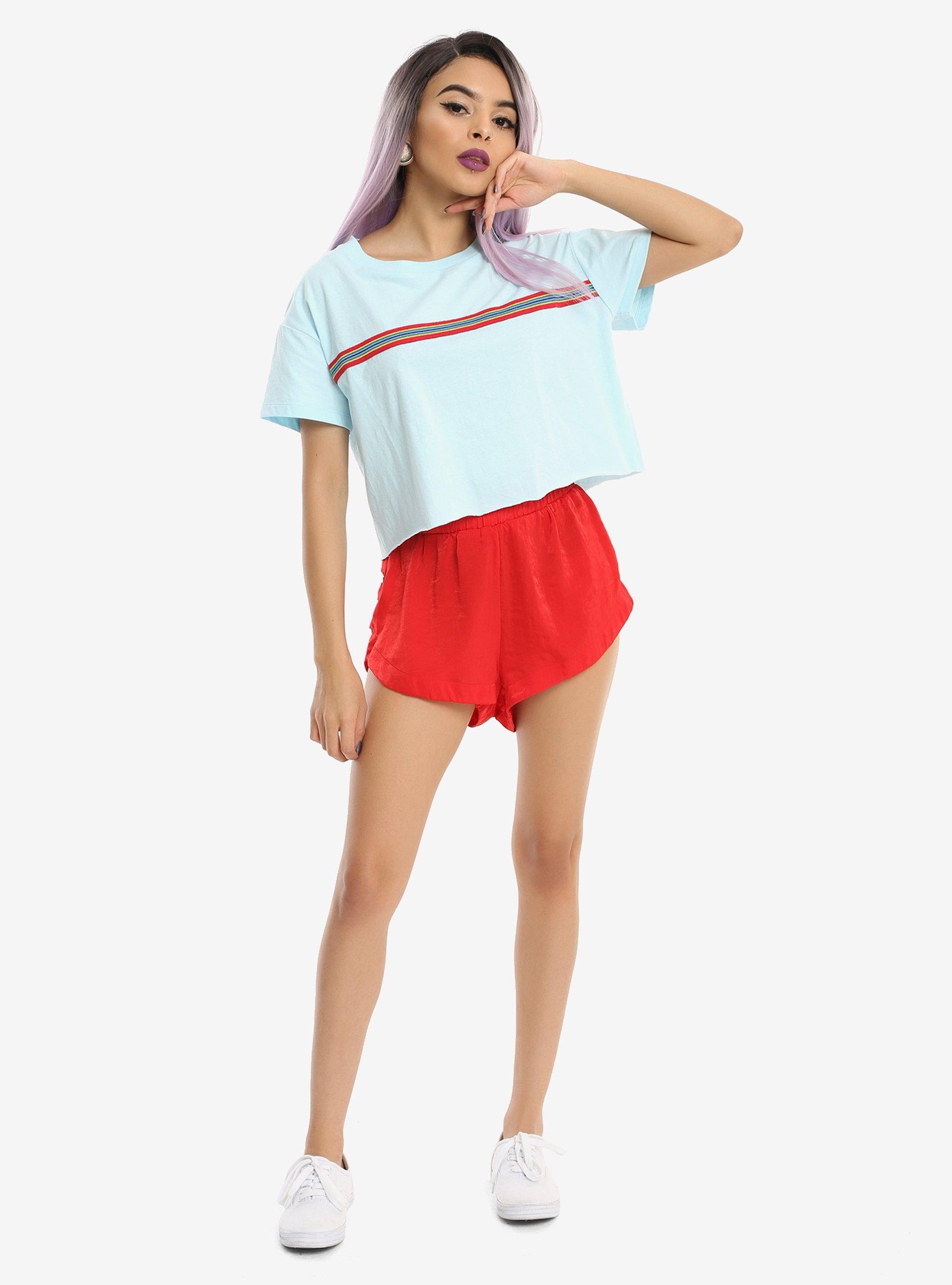 Baby Blue Rainbow Stripe Girls Crop T-Shirt, , alternate