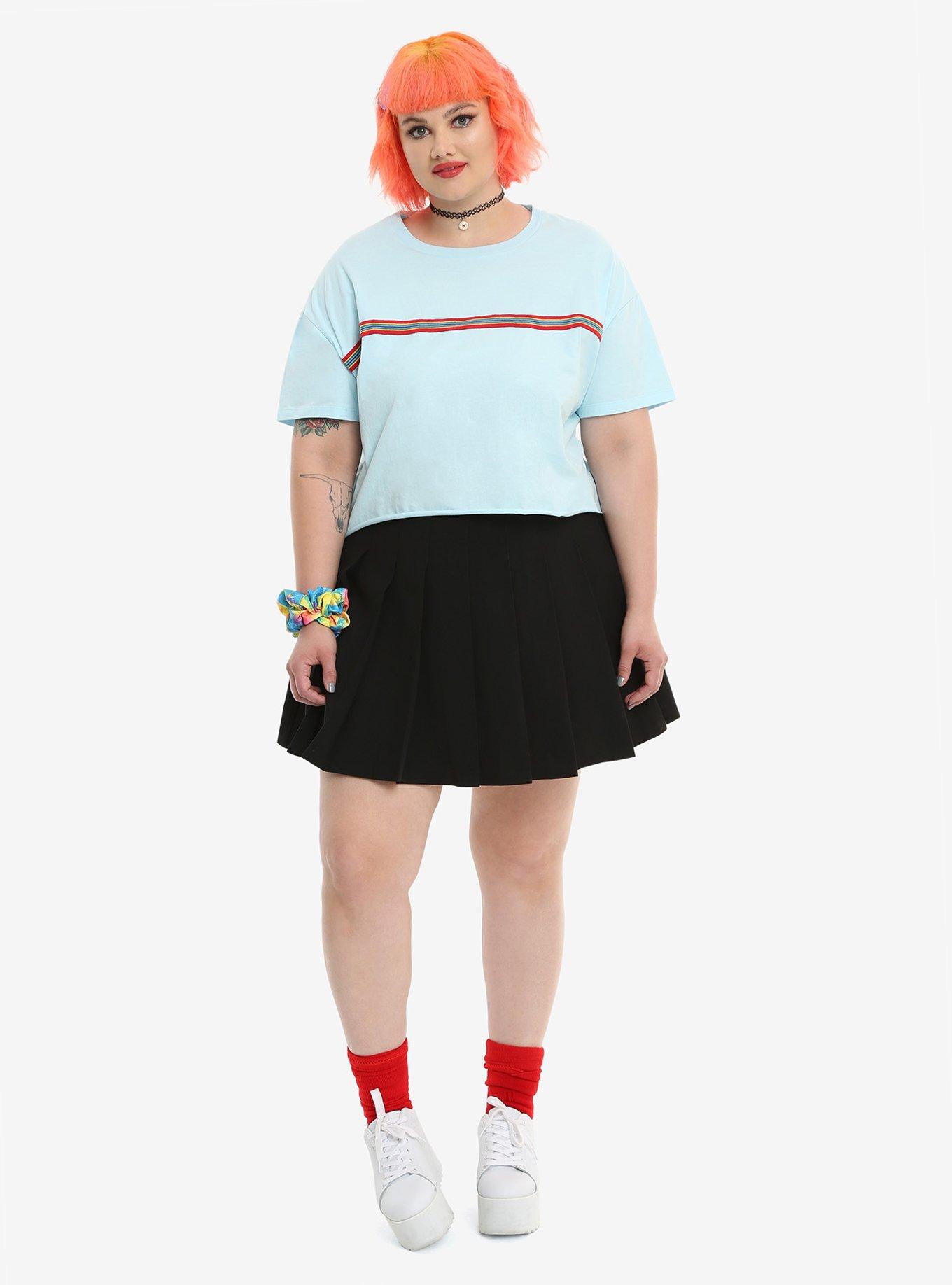 Baby Blue Rainbow Stripe Girls Crop Top Plus Size, , alternate