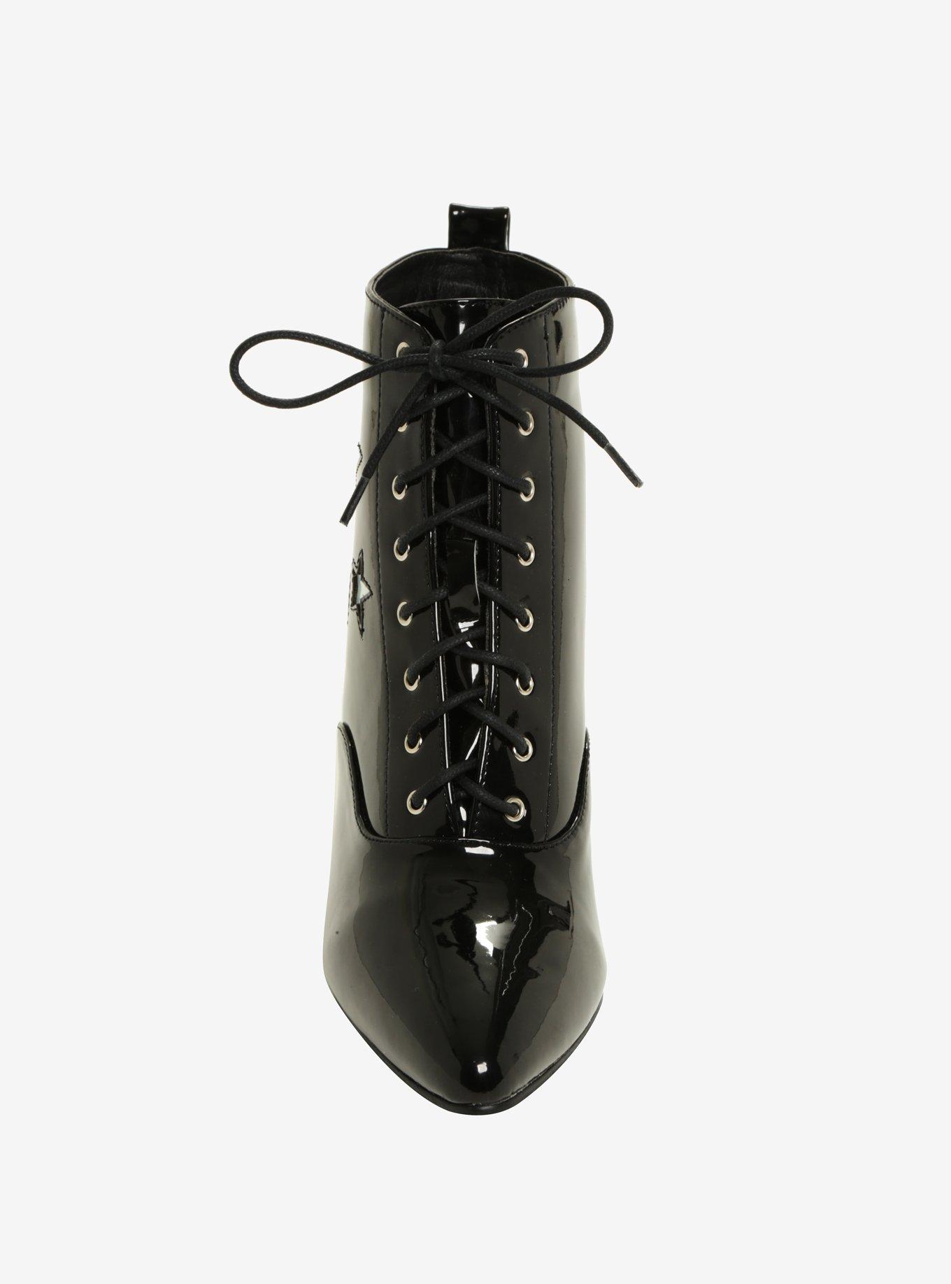 Black Patent Faux Leather Hologram Moon & Stars Pointed Toe Booties, , alternate