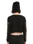 Black Fishnet Sleeve Embroidered Rose Applique Girls Crop Sweatshirt, , alternate