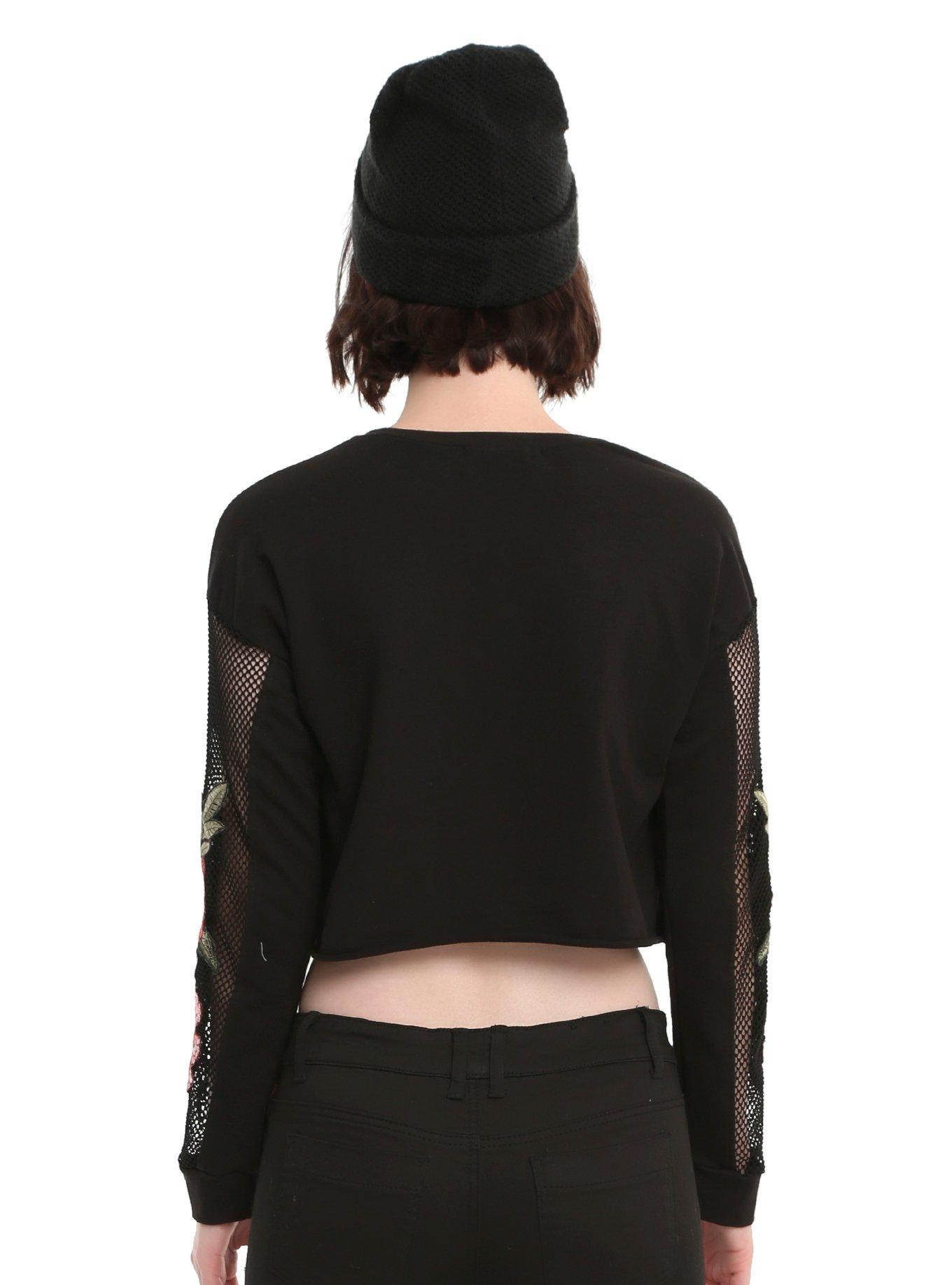 Black Fishnet Sleeve Embroidered Rose Applique Girls Crop Sweatshirt, , alternate
