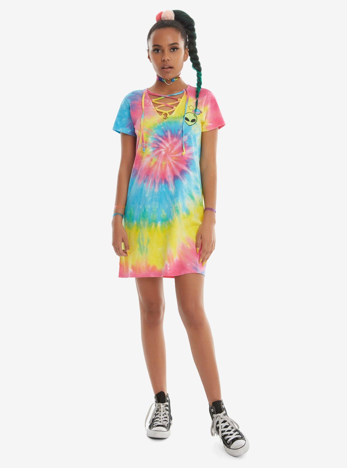 Rainbow Tie Dye Alien Lace-Up Neckline T-Shirt Dress, , alternate