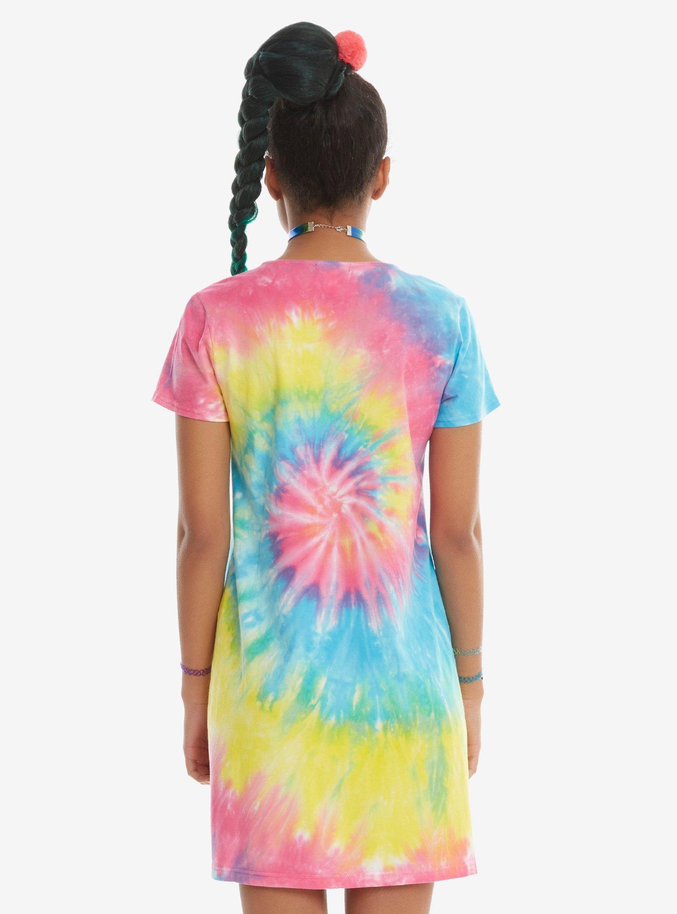 Rainbow Tie Dye Alien Lace-Up Neckline T-Shirt Dress, , alternate