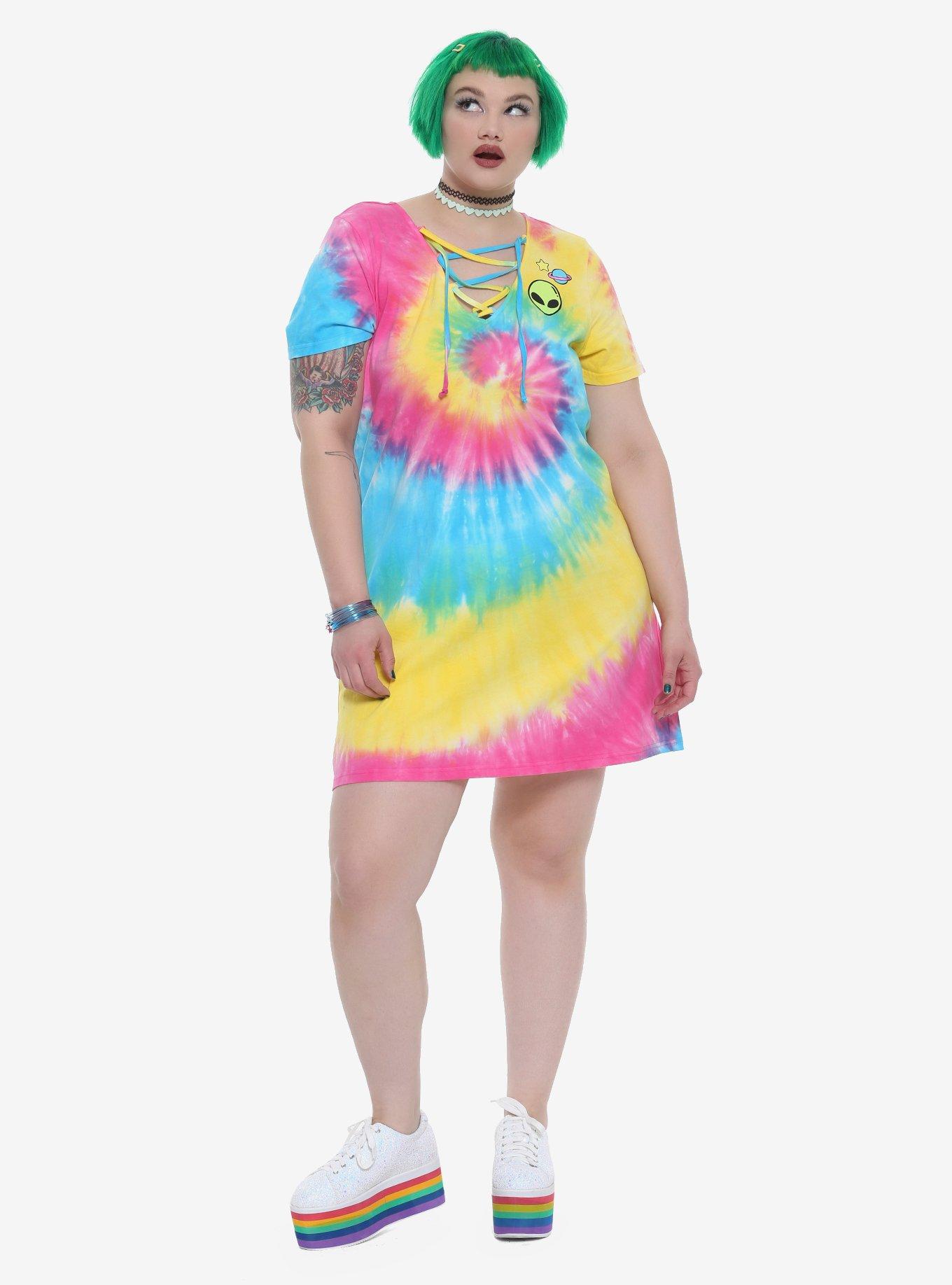 Rainbow Tie Dye Alien Lace-Up Neckline T-Shirt Dress Plus Size, , alternate