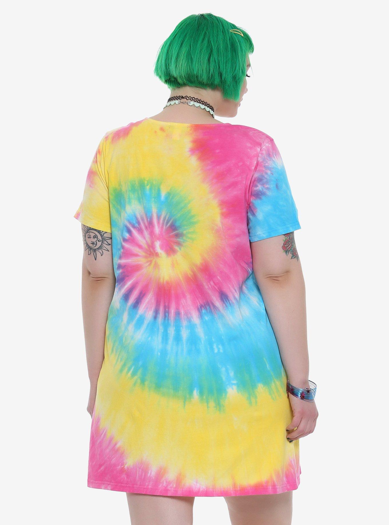 Rainbow Tie Dye Alien Lace-Up Neckline T-Shirt Dress Plus Size, , alternate