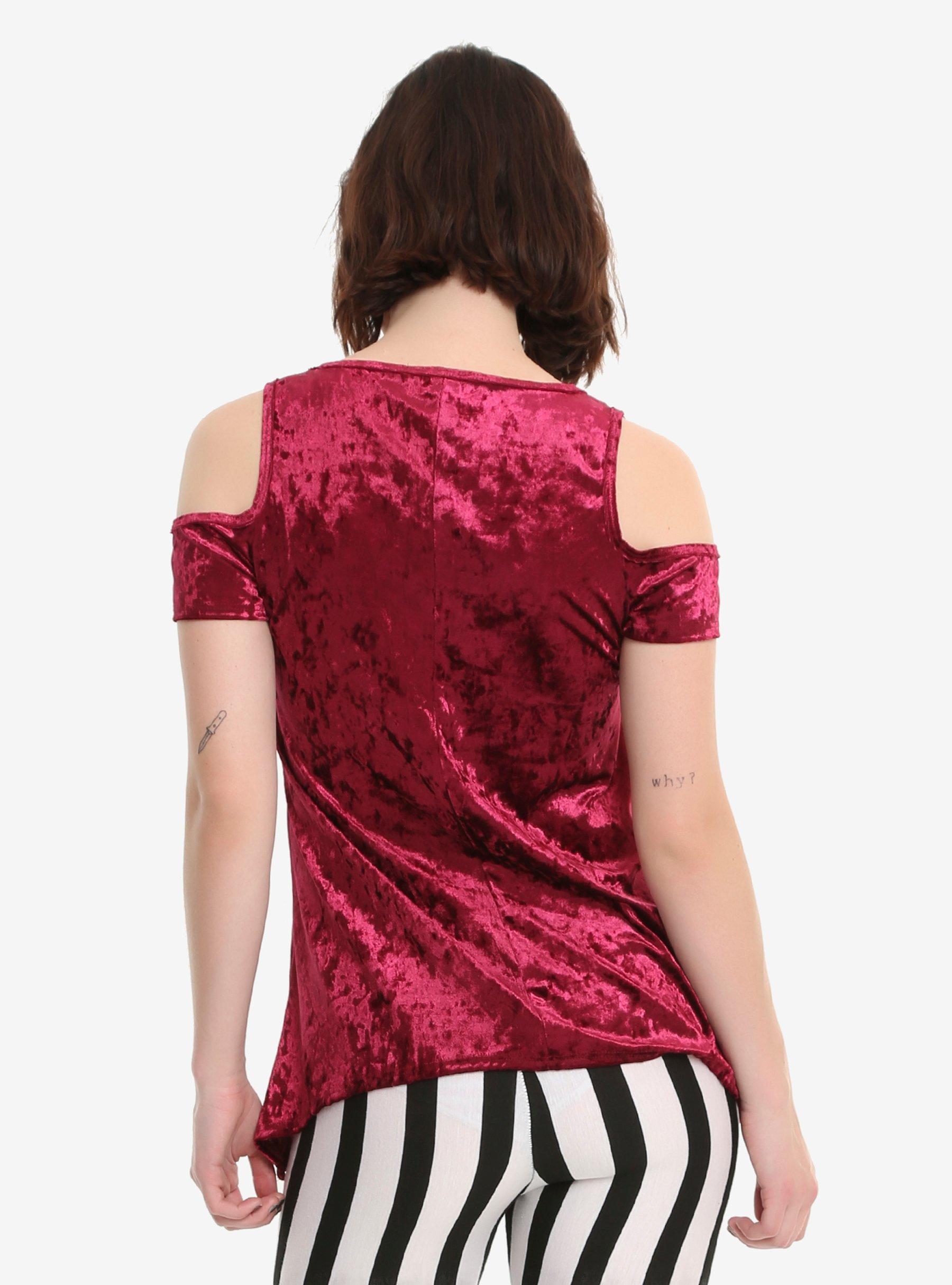 Burgundy Crushed Velvet Girls Cold Shoulder Top, , alternate