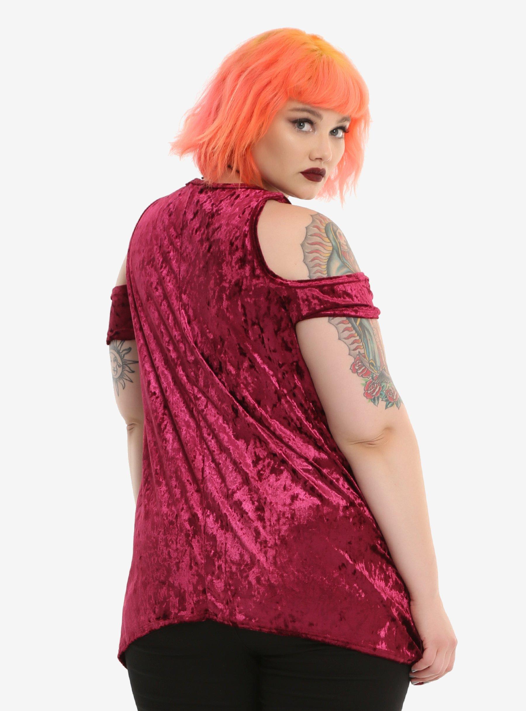 Burgundy Crushed Velvet Girls Cold Shoulder Top Plus Size, , alternate