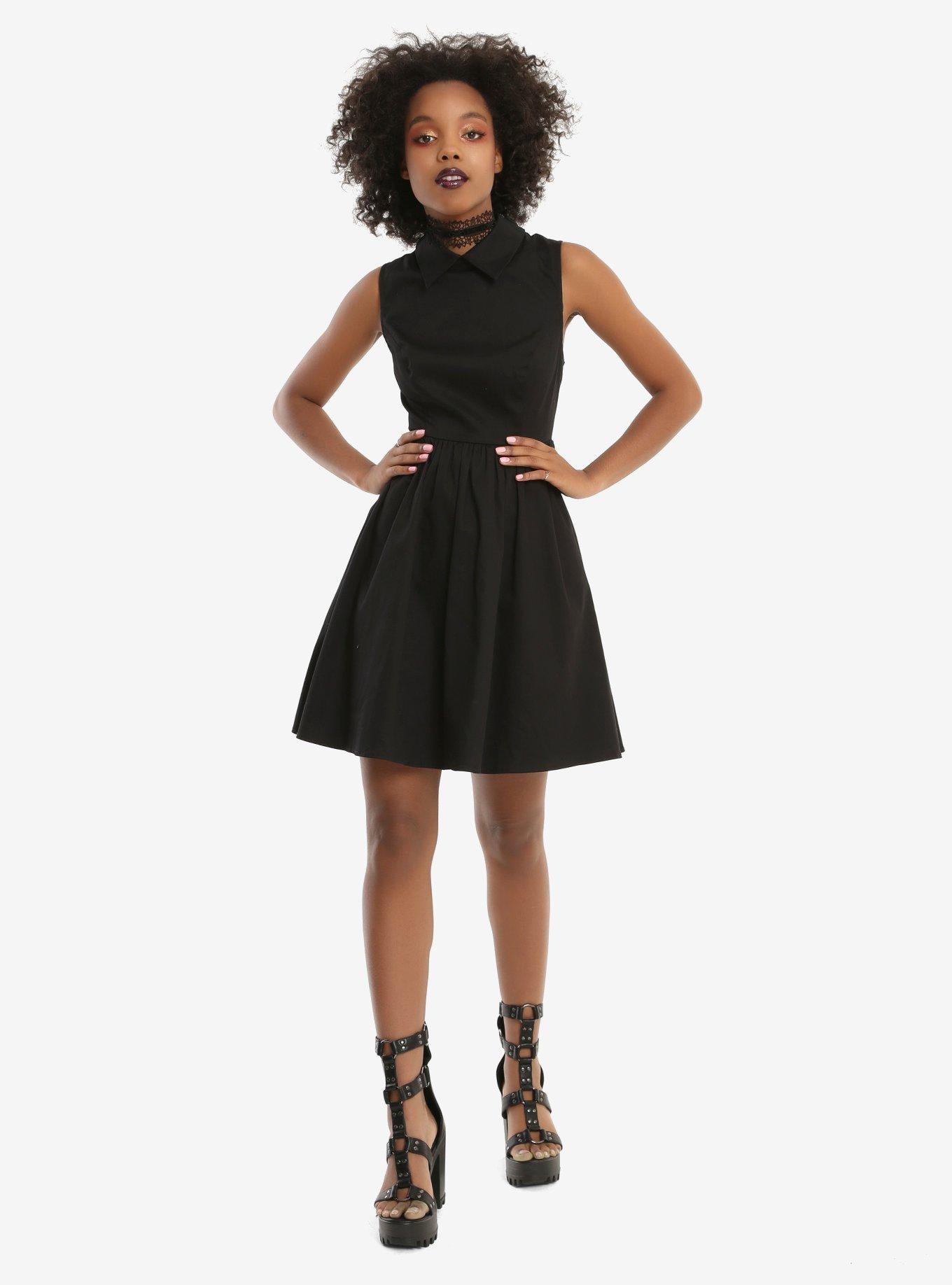 Black Sleeveless Collared Fit & Flare Dress, , alternate