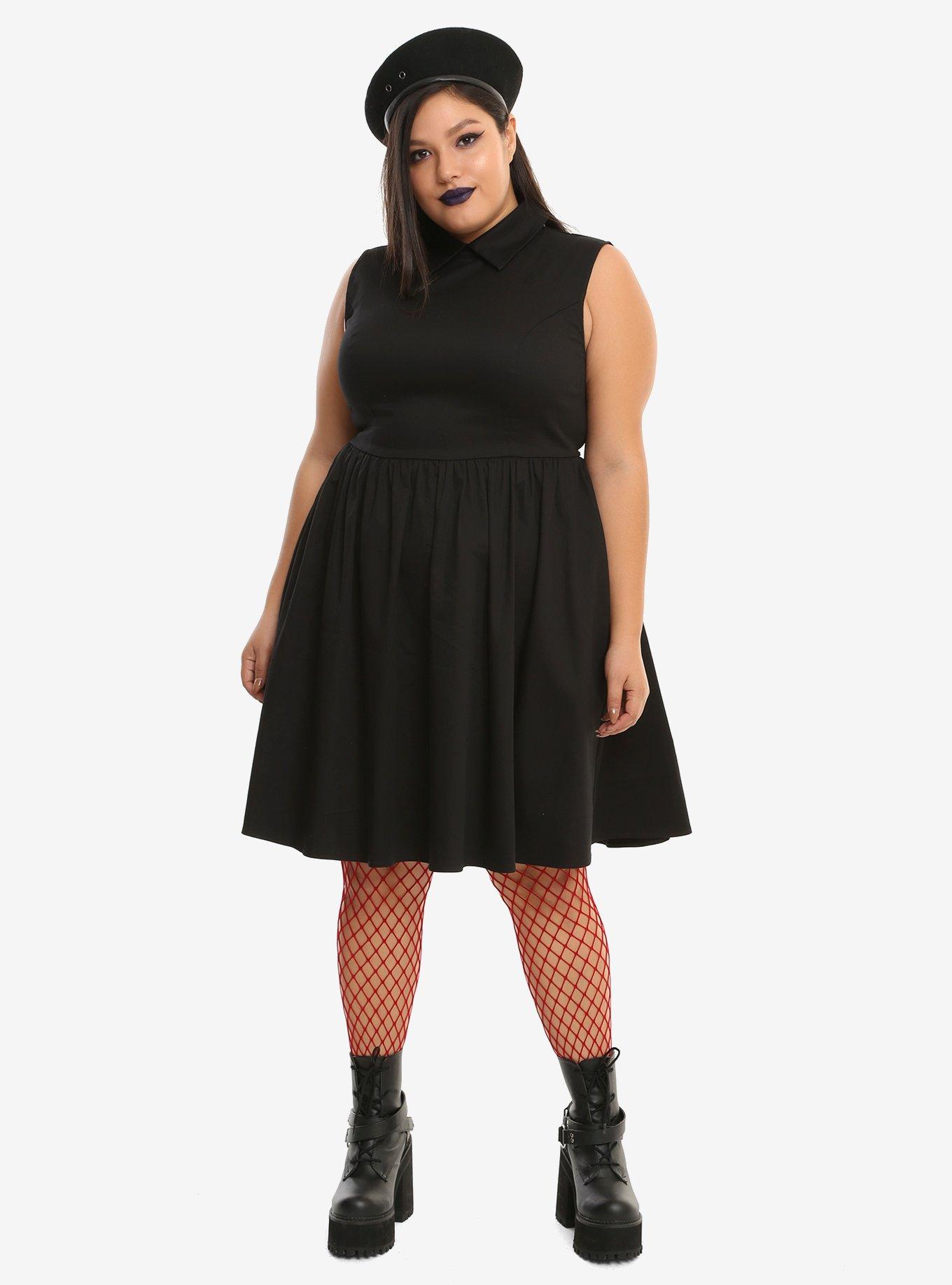 Black Sleeveless Collared Fit & Flare Dress Plus Size, , alternate