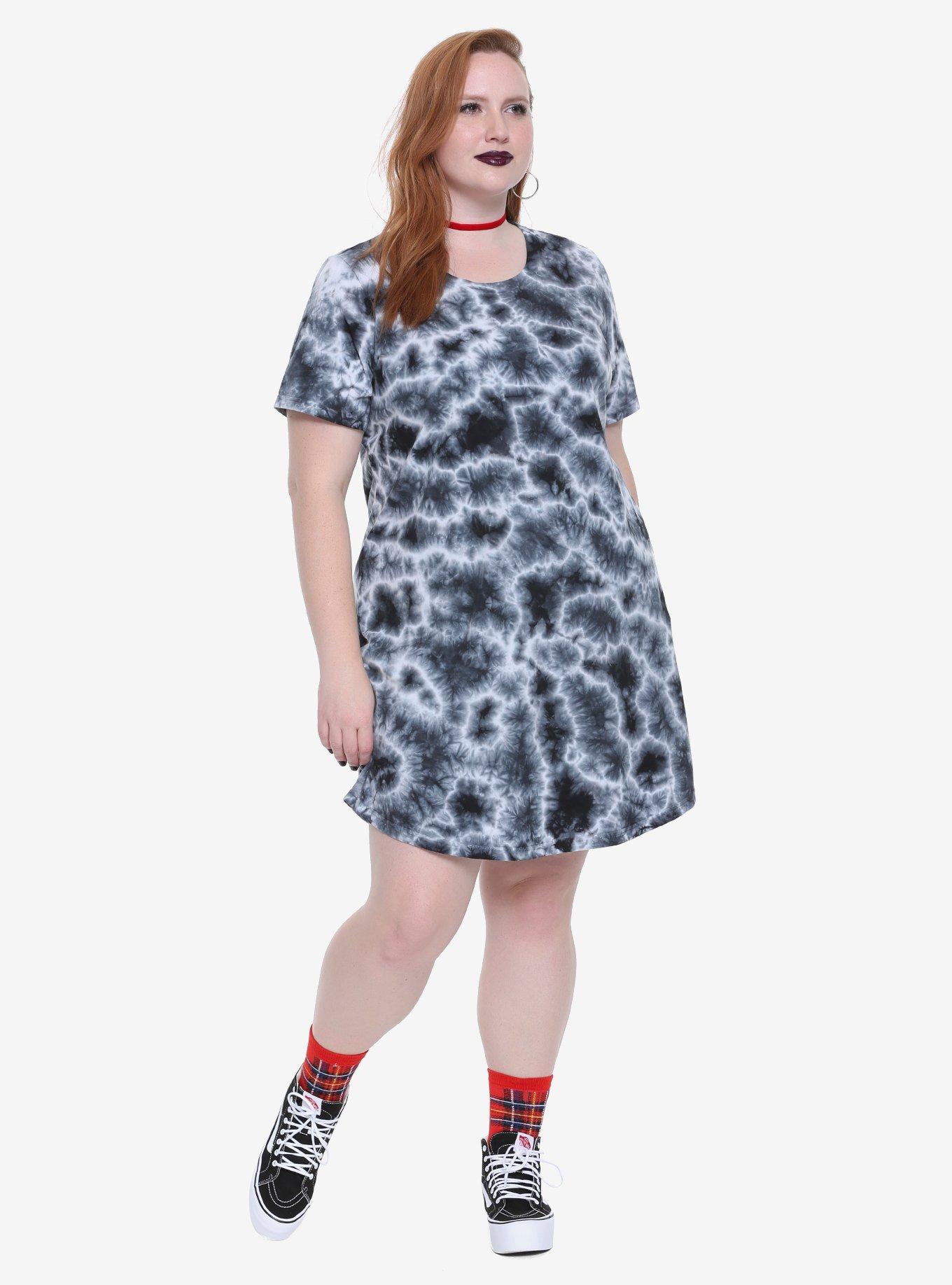 Black & White Tie Dye T-Shirt Dress Plus Size, , alternate