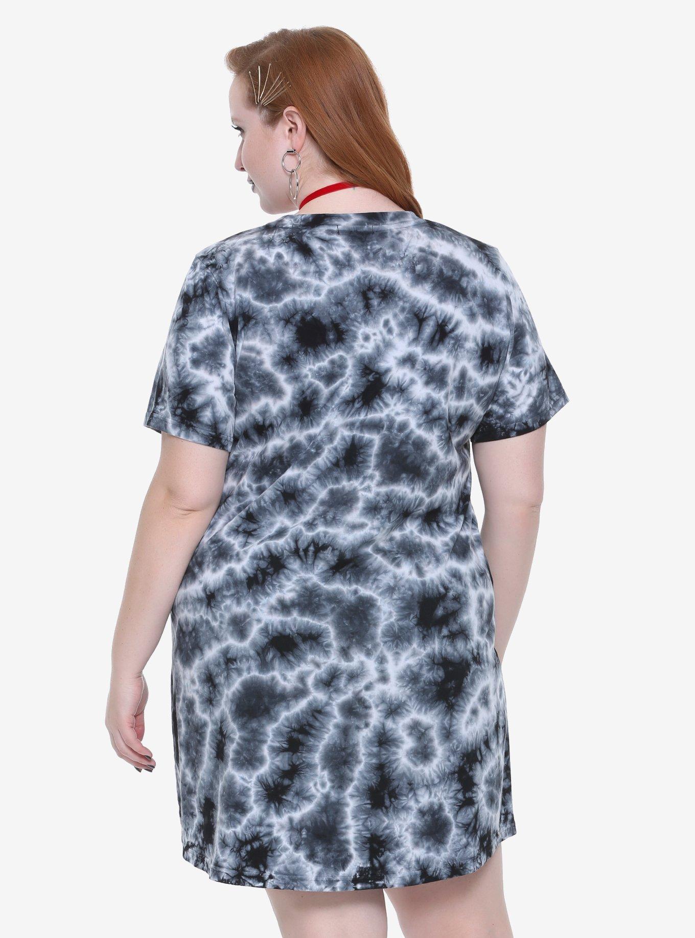 Black & White Tie Dye T-Shirt Dress Plus Size, , alternate