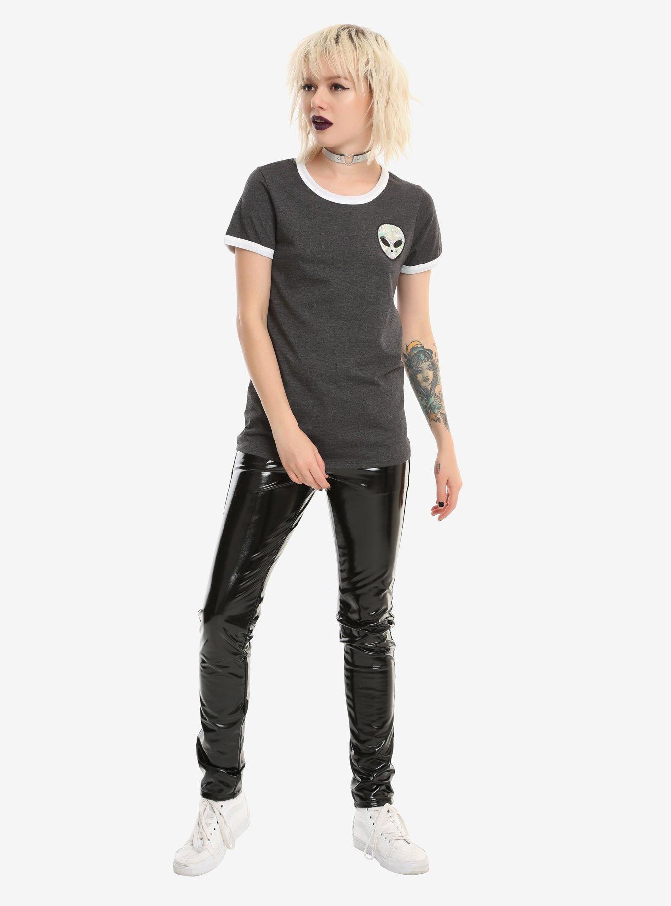 Holographic Alien Head Girls Ringer T-Shirt, , alternate