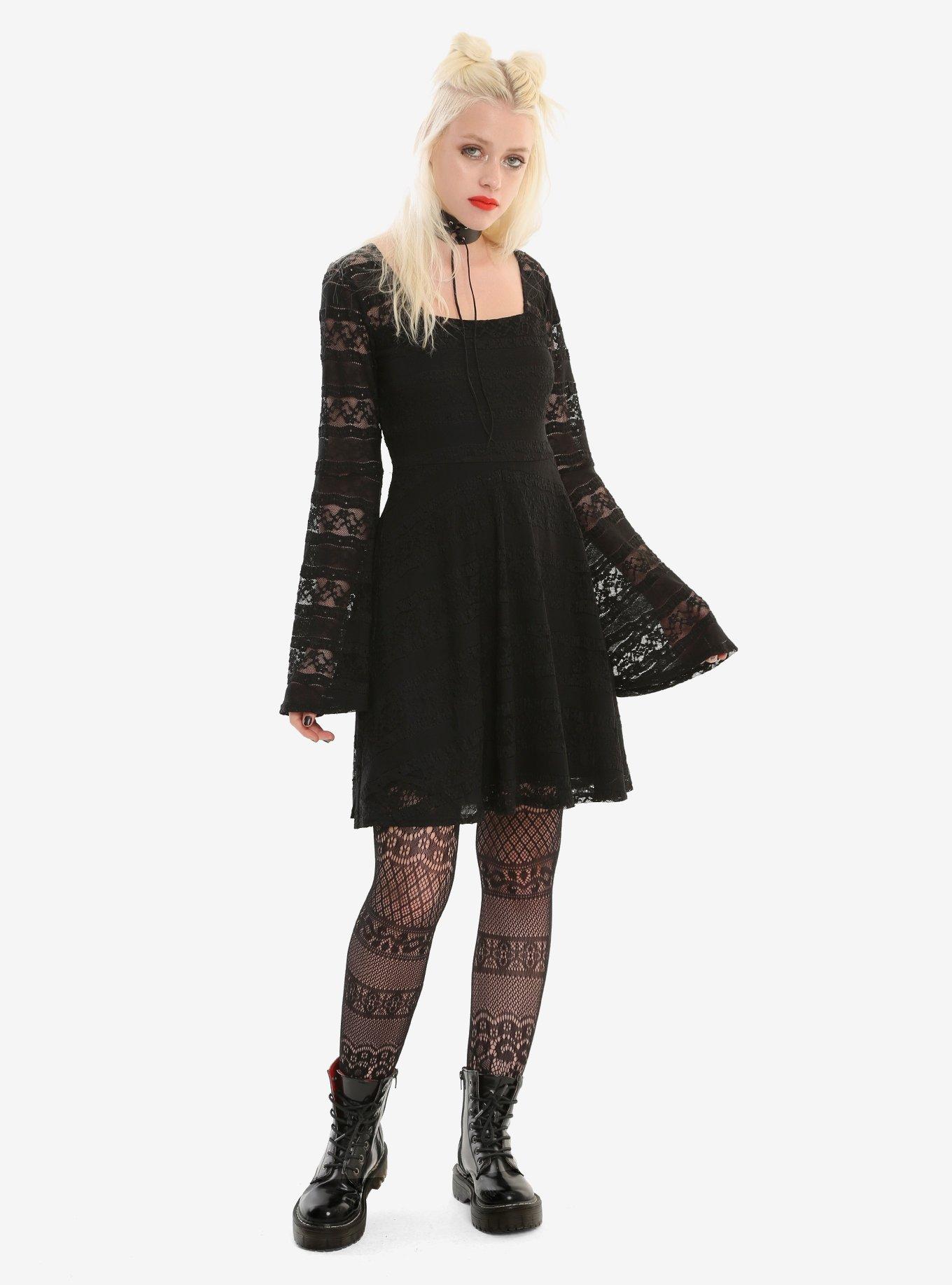 Black Lace Stripe Bell Sleeve Dress, , alternate