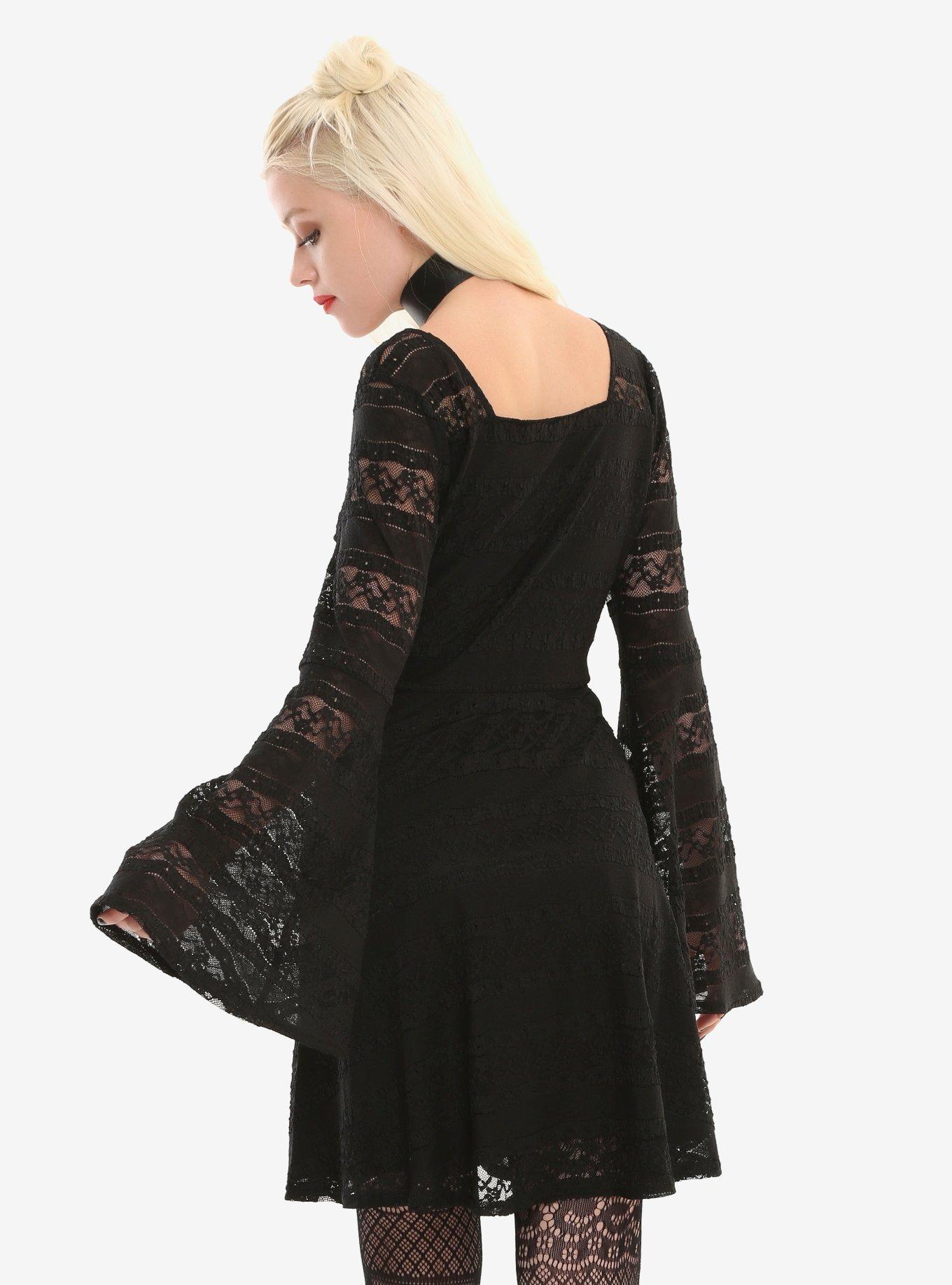 Black Lace Stripe Bell Sleeve Dress, , alternate