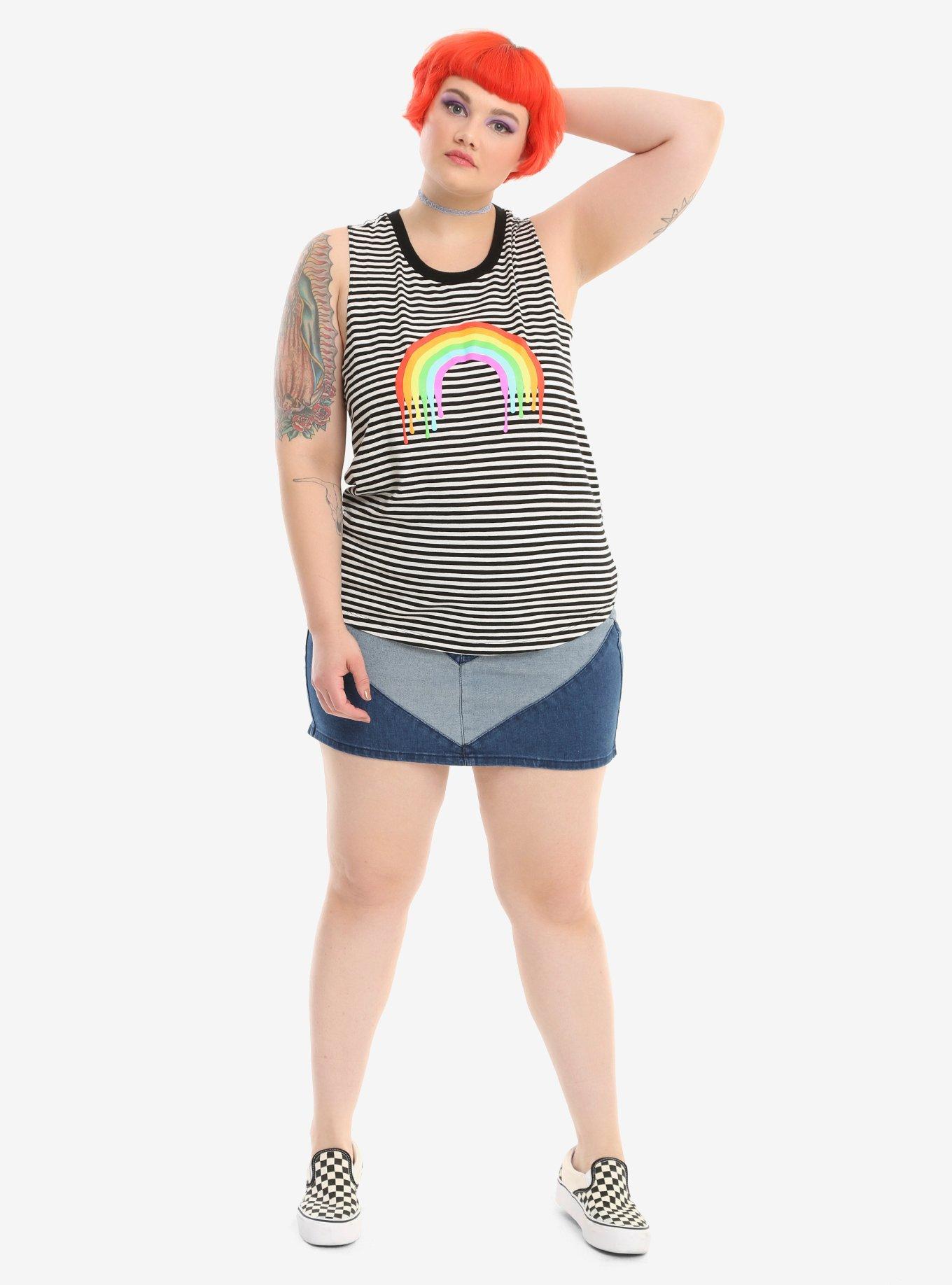 Black & White Striped Dripping Rainbow Girls Tank Top Plus Size, , alternate