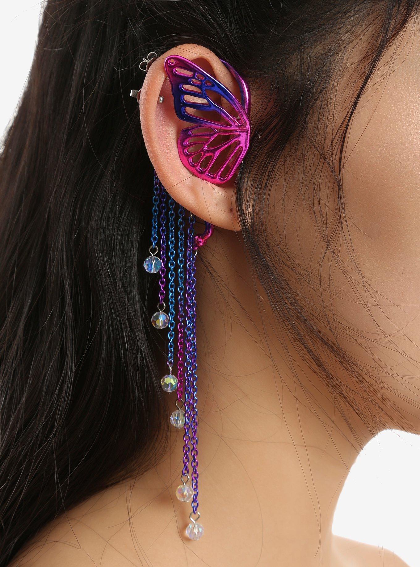 Blackheart Pink & Purple Anodized Butterfly Chain Dangle Ear Cuff, , alternate