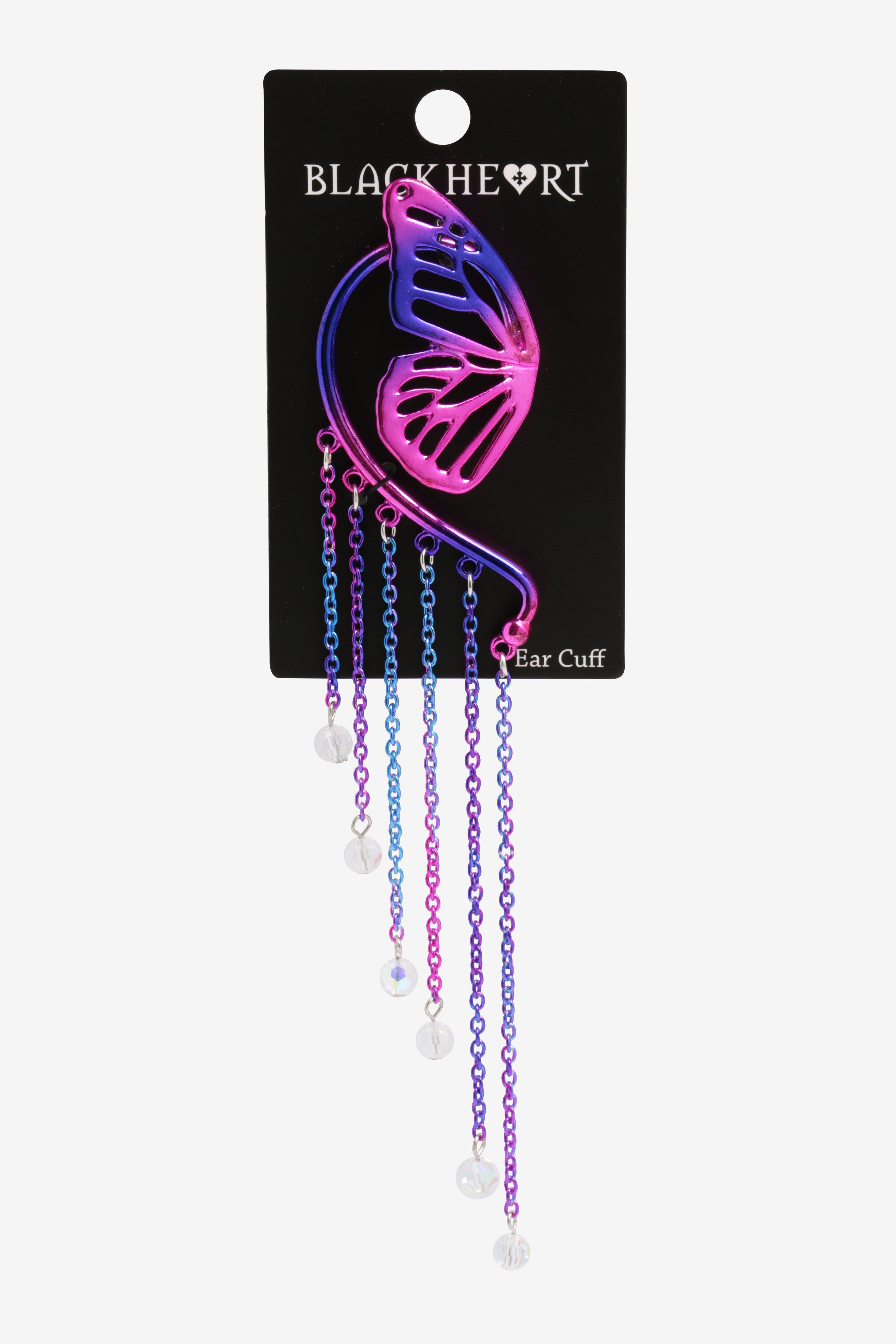 Blackheart Pink & Purple Anodized Butterfly Chain Dangle Ear Cuff, , alternate
