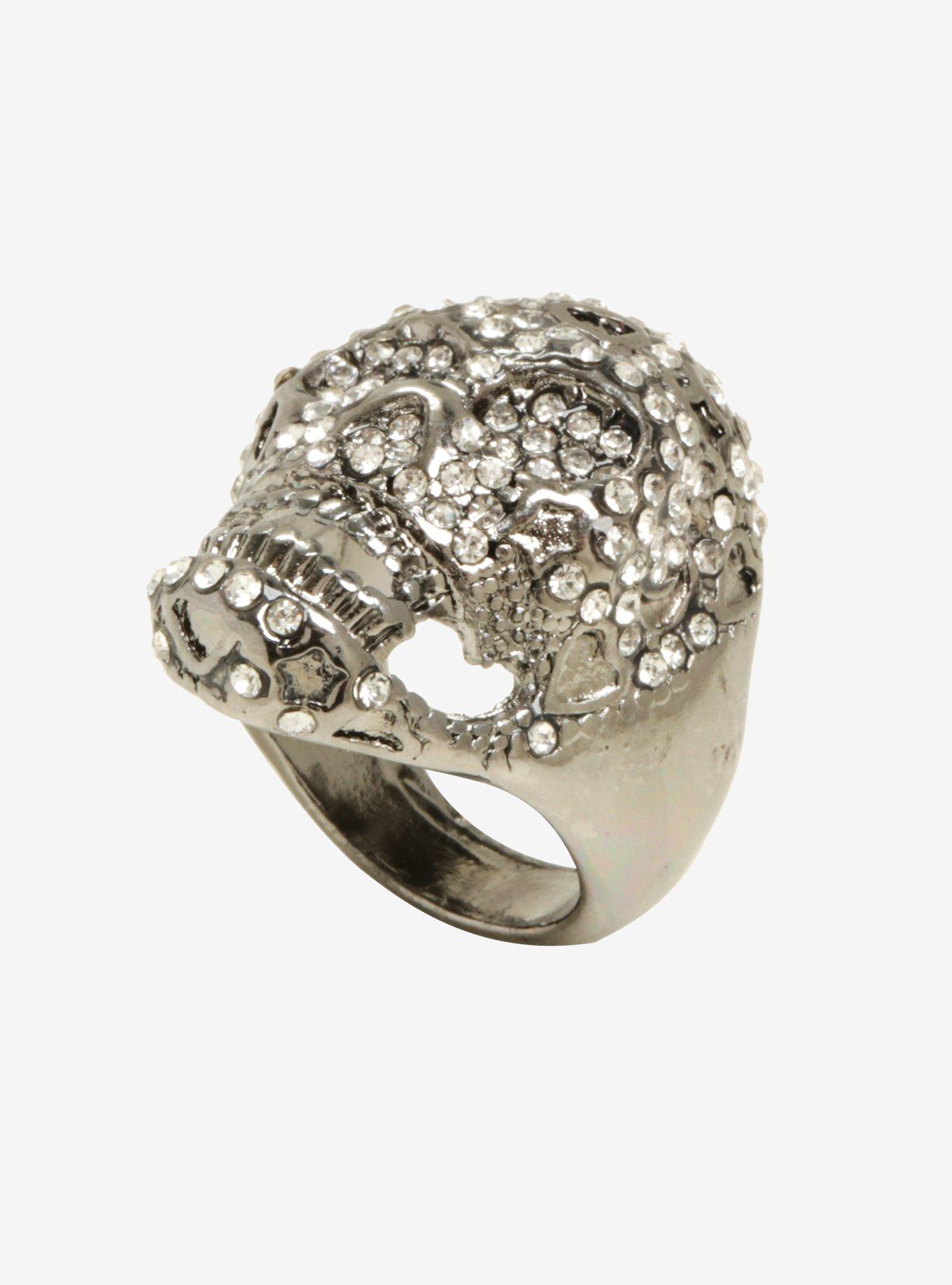 Blackheart Hematite Tiffany Skull Ring, , alternate