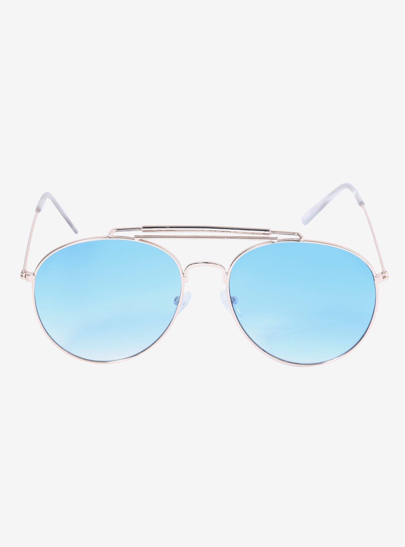 Blue Lens Gold Aviator Sunglasses, , alternate