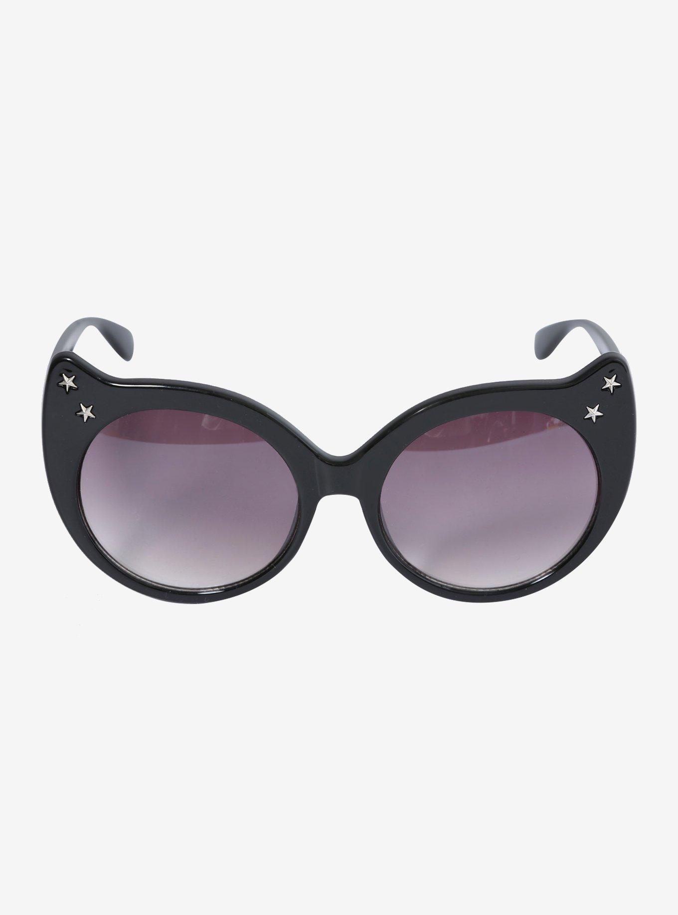 Black Round Cat Eye Star Temple Sunglasses, , alternate