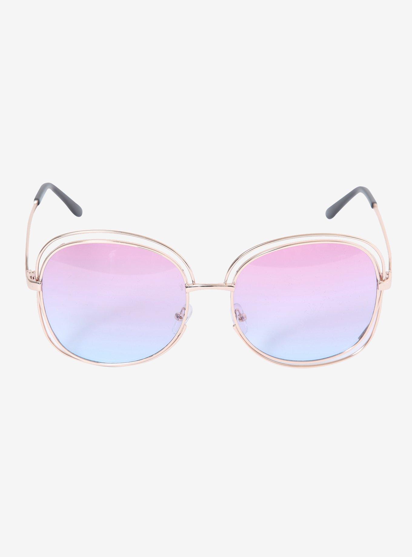 Pink & Blue Oversize Lens Gold Halo Wire Sunglasses, , alternate