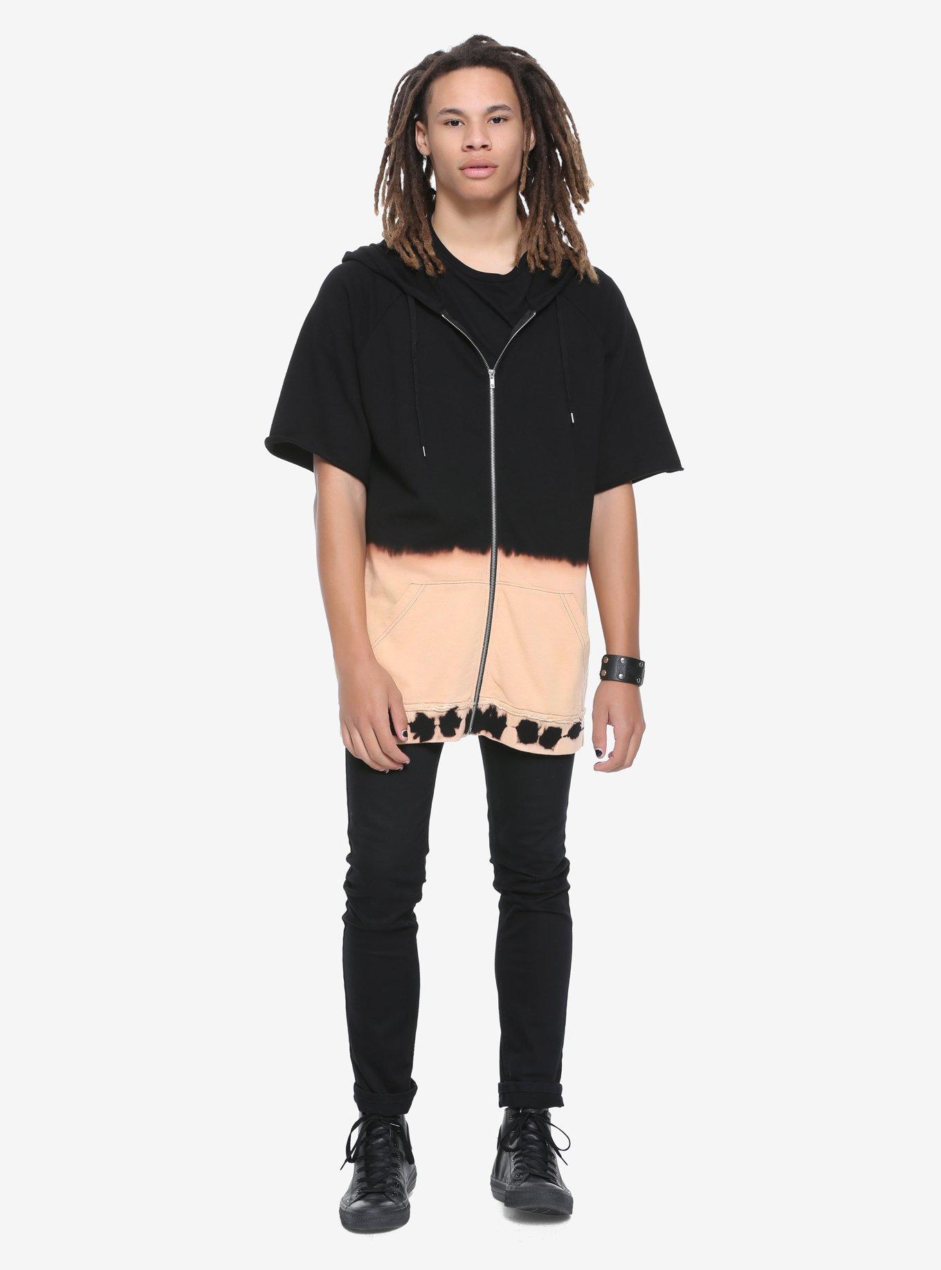 Black Bleach Dip Dye Short-Sleeved Long Hoodie, , alternate