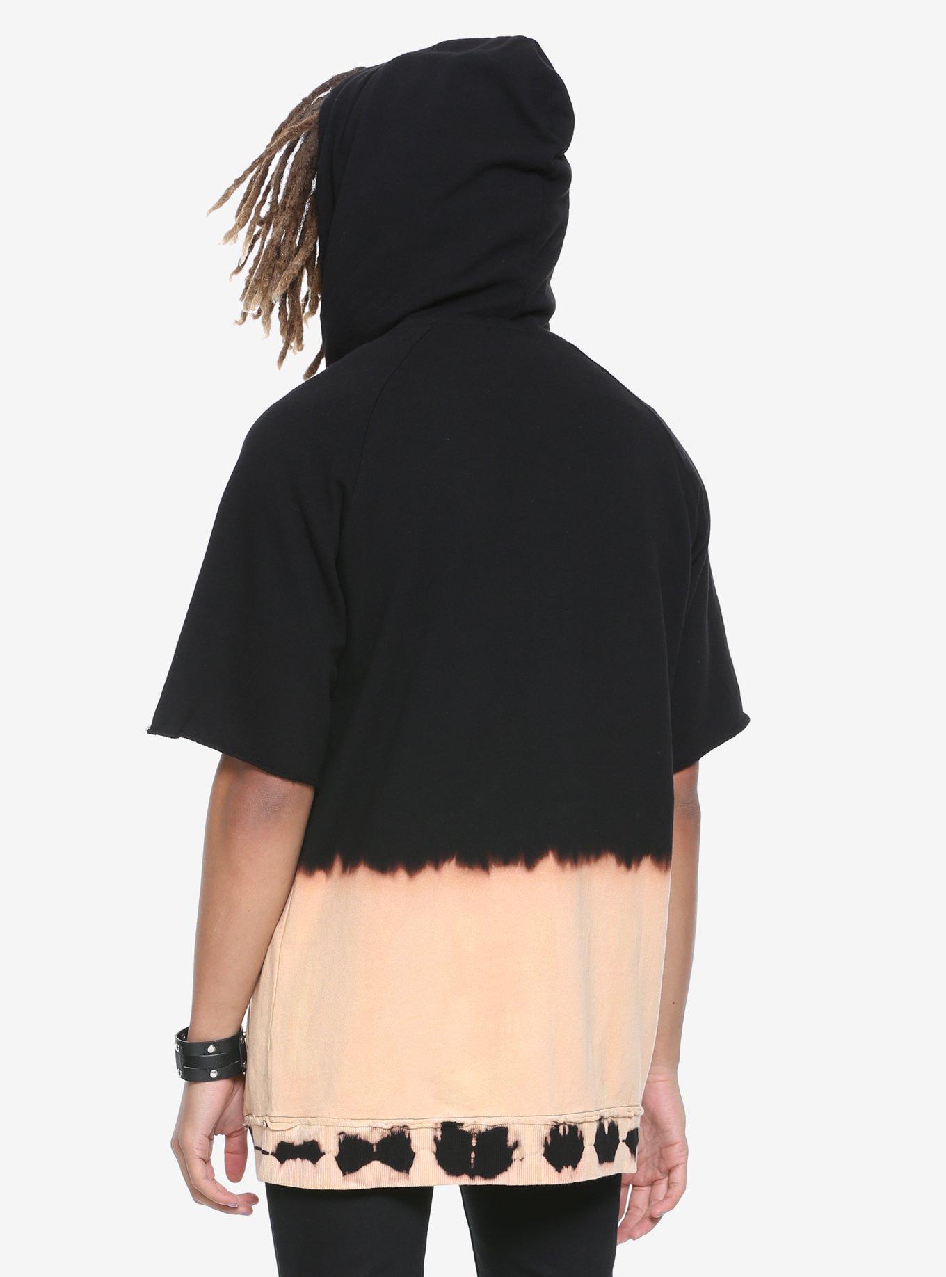 Black Bleach Dip Dye Short-Sleeved Long Hoodie, , alternate