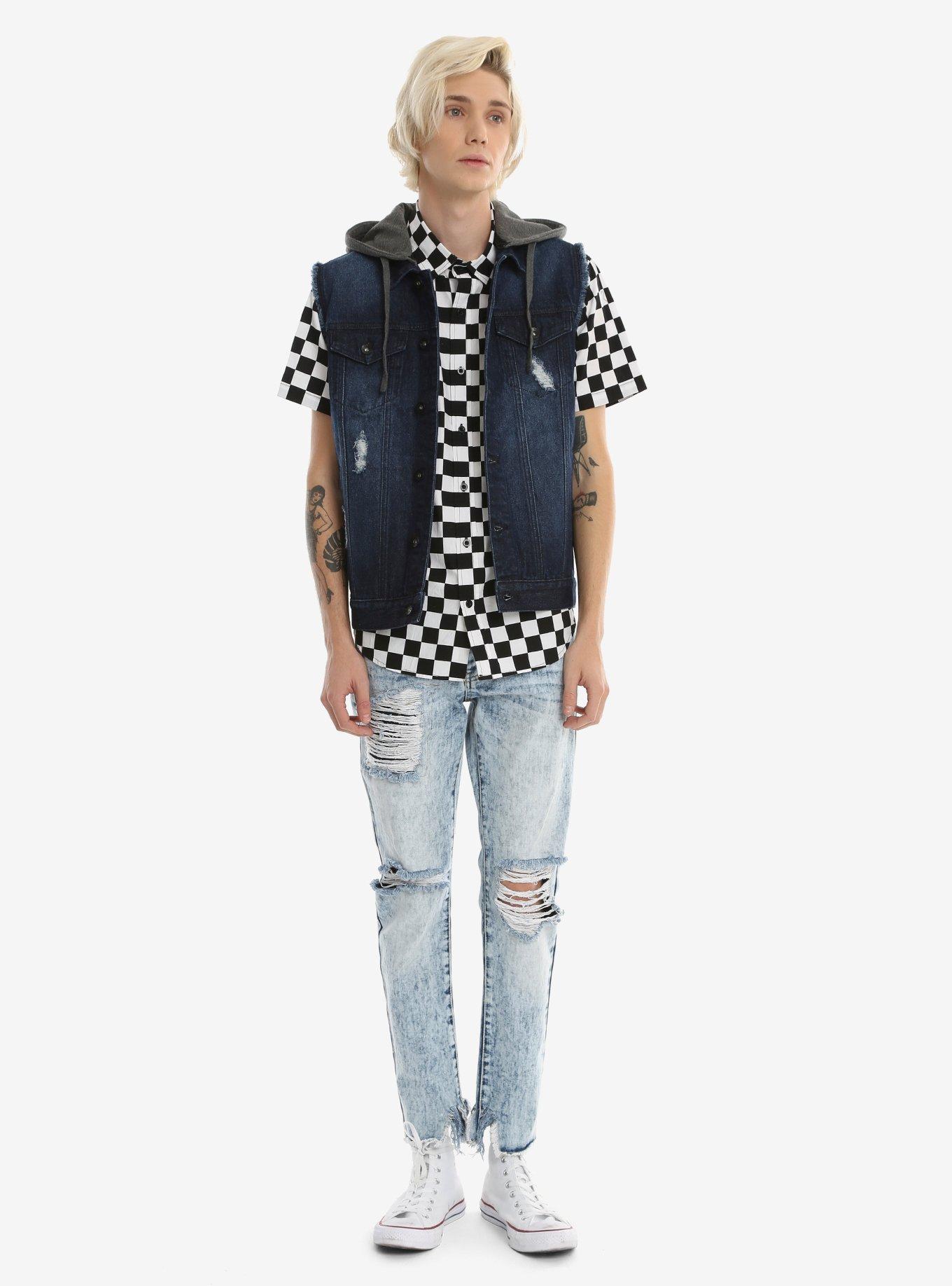 XXX RUDE Dark Indigo Destructed Charcoal Grey Hooded Denim Vest, , alternate