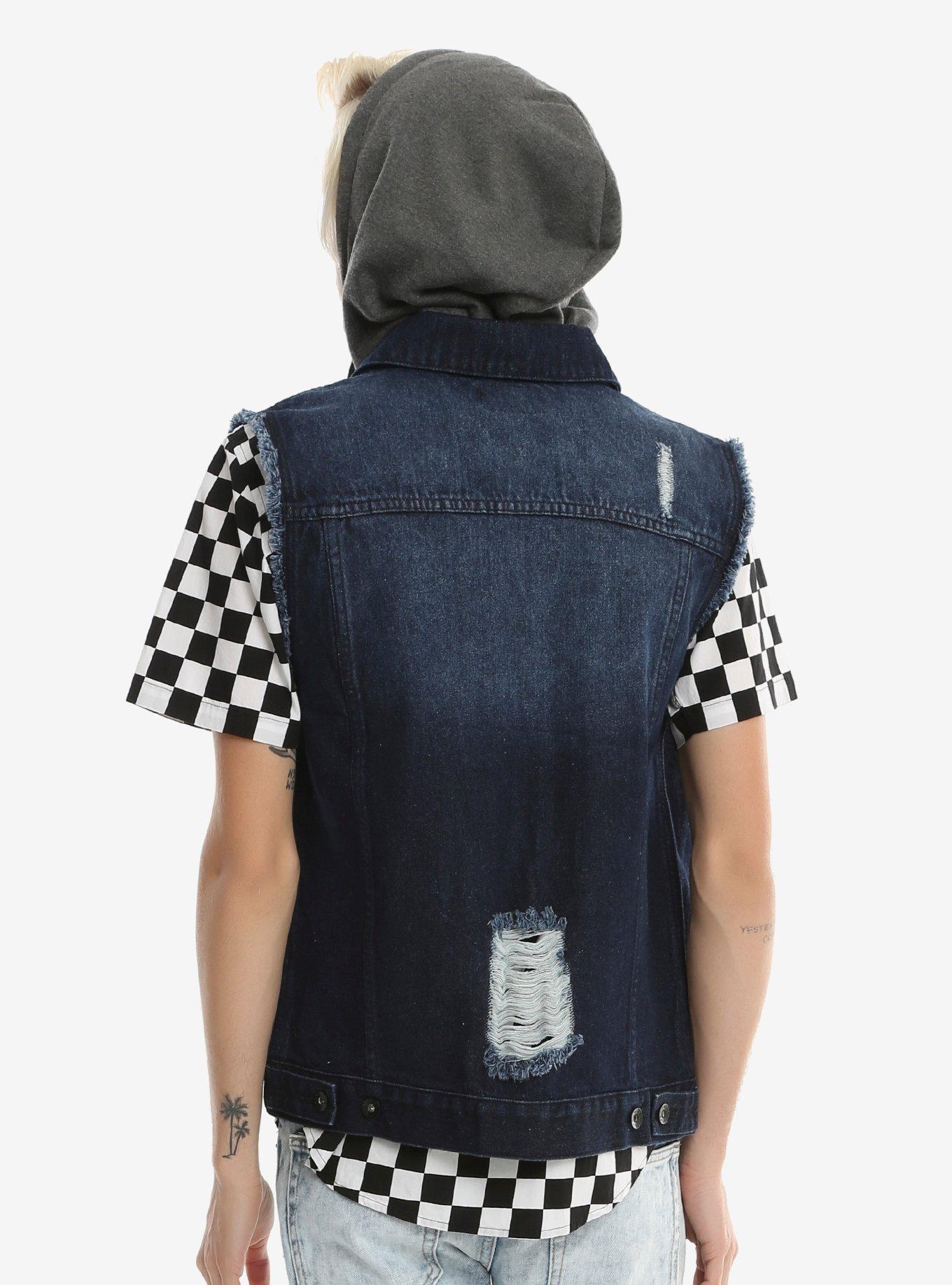 XXX RUDE Dark Indigo Destructed Charcoal Grey Hooded Denim Vest, , alternate